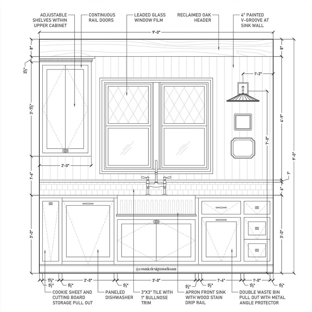Blueprint drawing of a kitchen wall with detailed measurements and labeled features, including cabinetry, a window, a sink with wood stain drip rail, a double waste bin, and decorative wall elements.