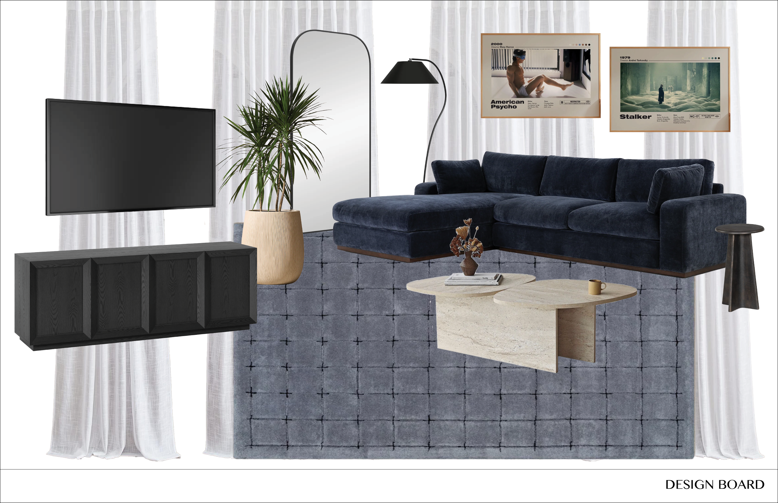 A modern living room with a dark blue sectional sofa, a patterned gray rug, a round beige coffee table with a small decorative item, a black floor lamp, a large flat-screen TV, a tall plant in a beige pot, white sheer curtains, and two framed posters on the wall depicting scenes from movies 'American Psycho' and 'Stalker'.
