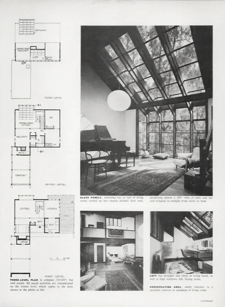Architectural plans and interior photos of a house, featuring a glass-paneled roof, a living room with a piano and seating, a loft area with skylights and books, and a conversation area on a balcony.