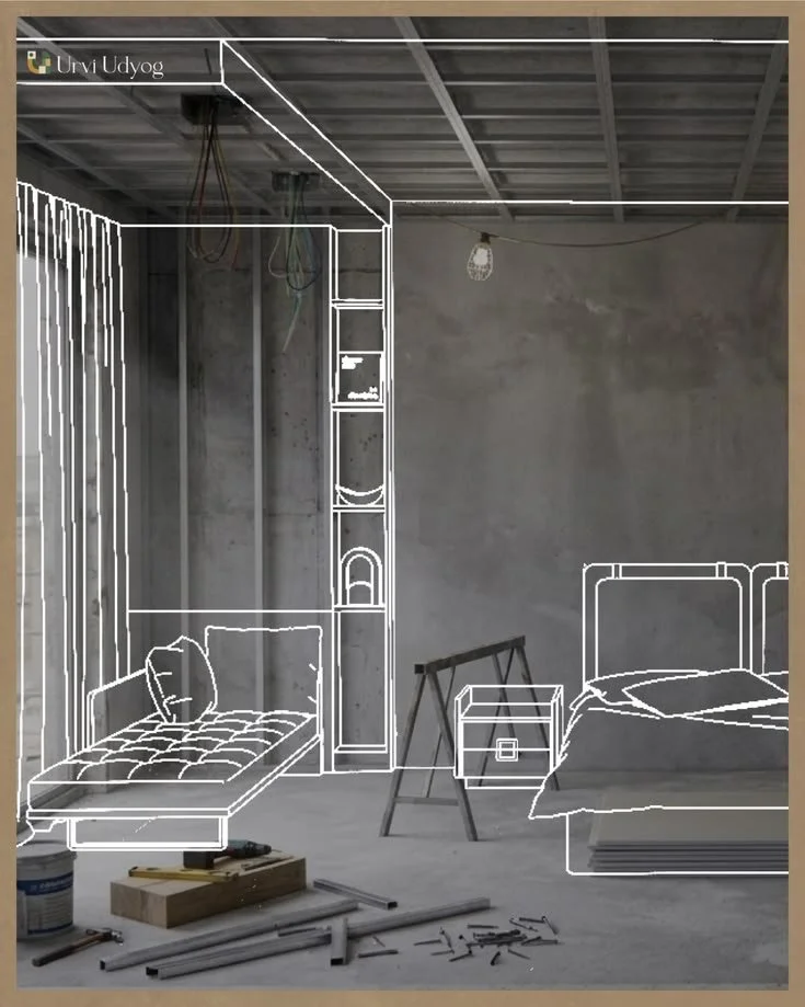 Interior of a room under construction with a mix of real and sketched outlines of furniture, including a bed, bench, nightstand, and some construction tools and materials on the floor.
