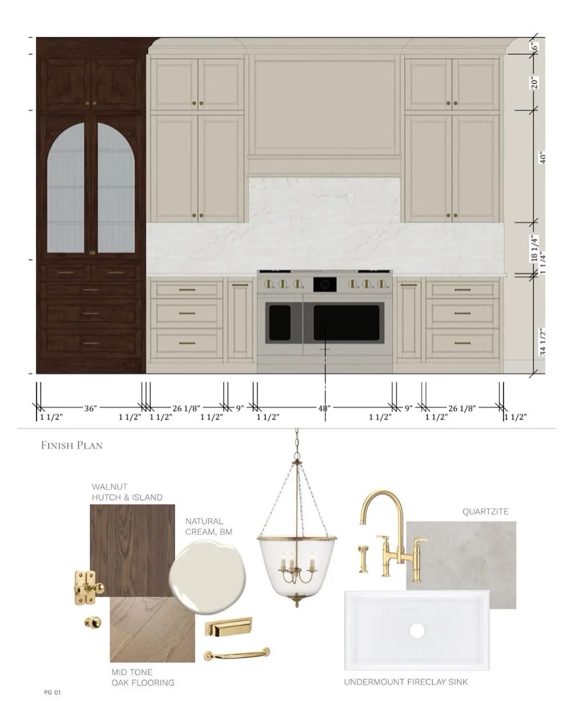 Kitchen design plan with measurements, cabinetry, quartzite backsplash, oven, and various material samples including walnut, cream, mid-tone oak, and gold fixtures.