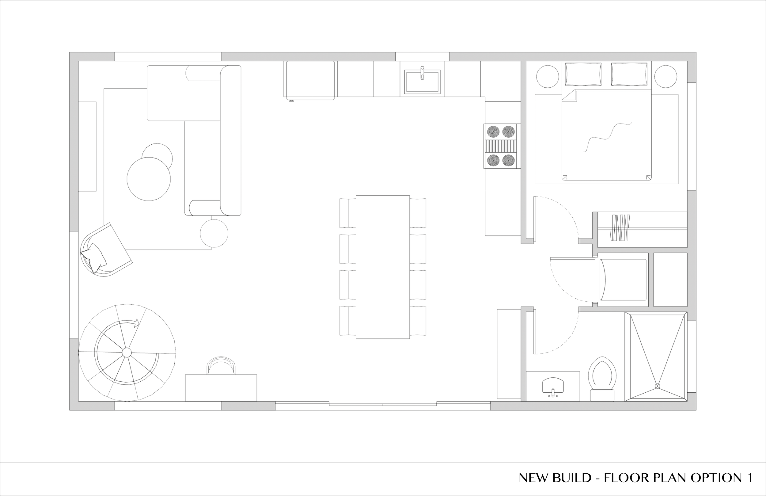 Architectural floor plan of a residential space with detailed layout of rooms, furniture, and fixtures, labeled as 'New Build - Floor Plan Option 1'.