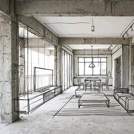 A room interior sketch showing a living room with a TV on a stand, a sofa, a coffee table, a dining table with chairs, large windows, and an overhead pendant light.