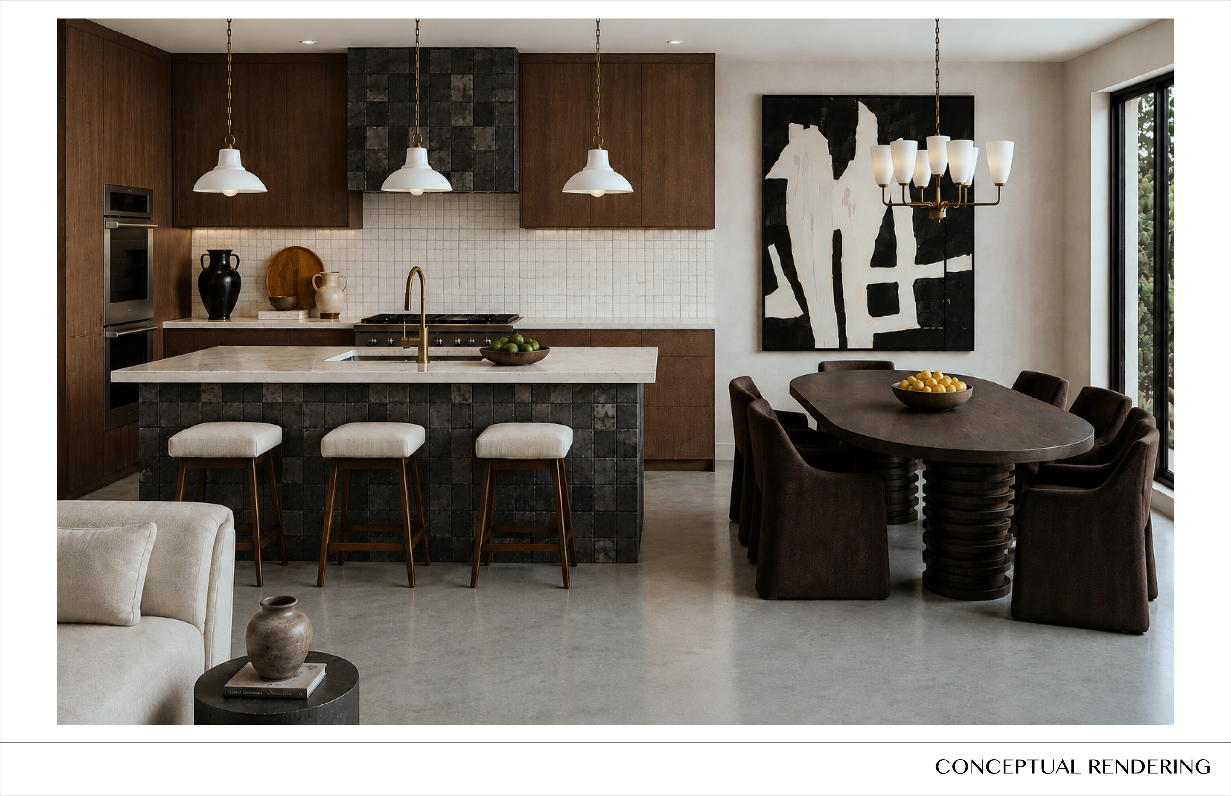 Modern kitchen and dining area with wood cabinetry, white countertop island, black and white artwork, and a wooden dining table with dark chairs.