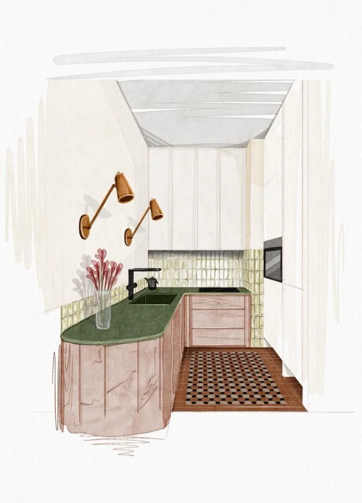A watercolor sketch of a small kitchen with white cabinets, green countertops, a black faucet, a black sink, a small oven, decorative wall shelves with wood downlights, a vase with pink flowers, yellow tile backsplash, wooden flooring, and a patterned rug.