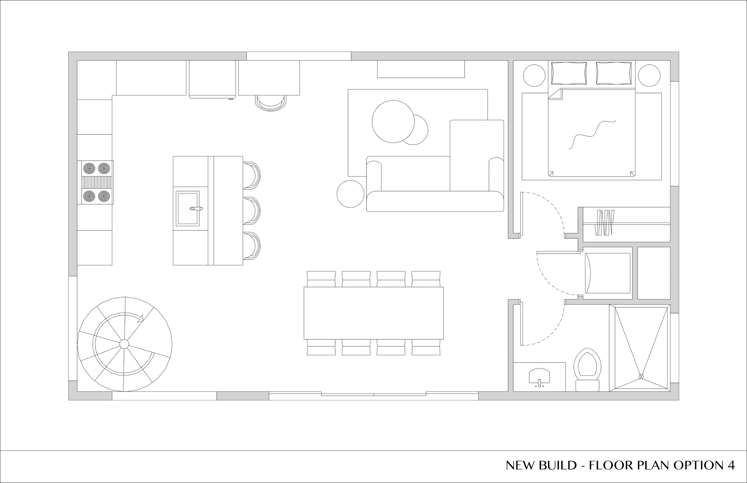 Architectural floor plan labeled 'New Build - Floor Plan Option 4,' showing a living room, kitchen, bedroom, bathroom, and stairwell in a house layout.