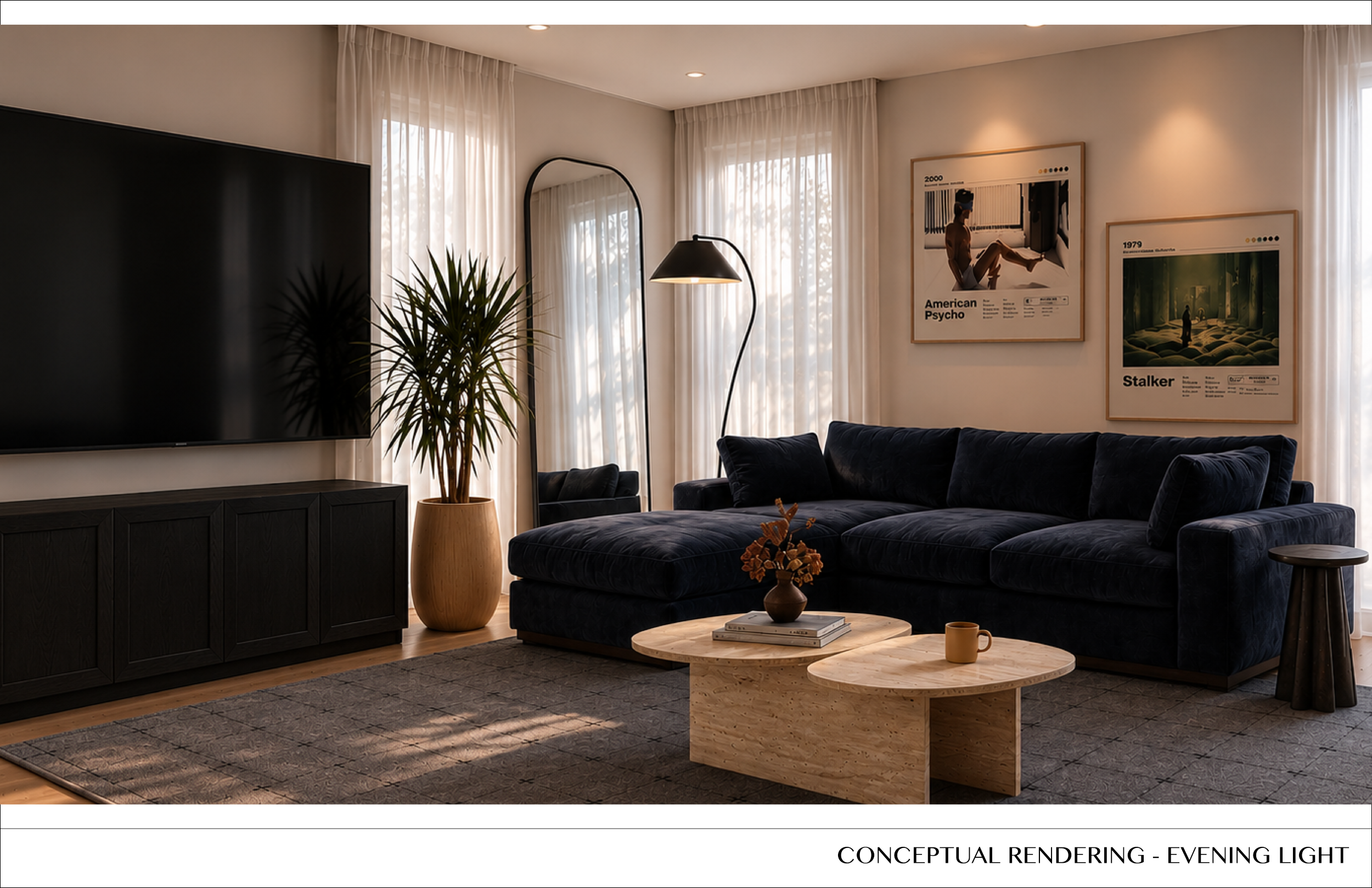 A modern living room with a large flat-screen TV on the wall, a tall plant in a beige pot, a black floor lamp, framed art on the wall, a dark velvet sofa, two round wooden coffee tables, and sheer curtains allowing sunlight to fill the room.
