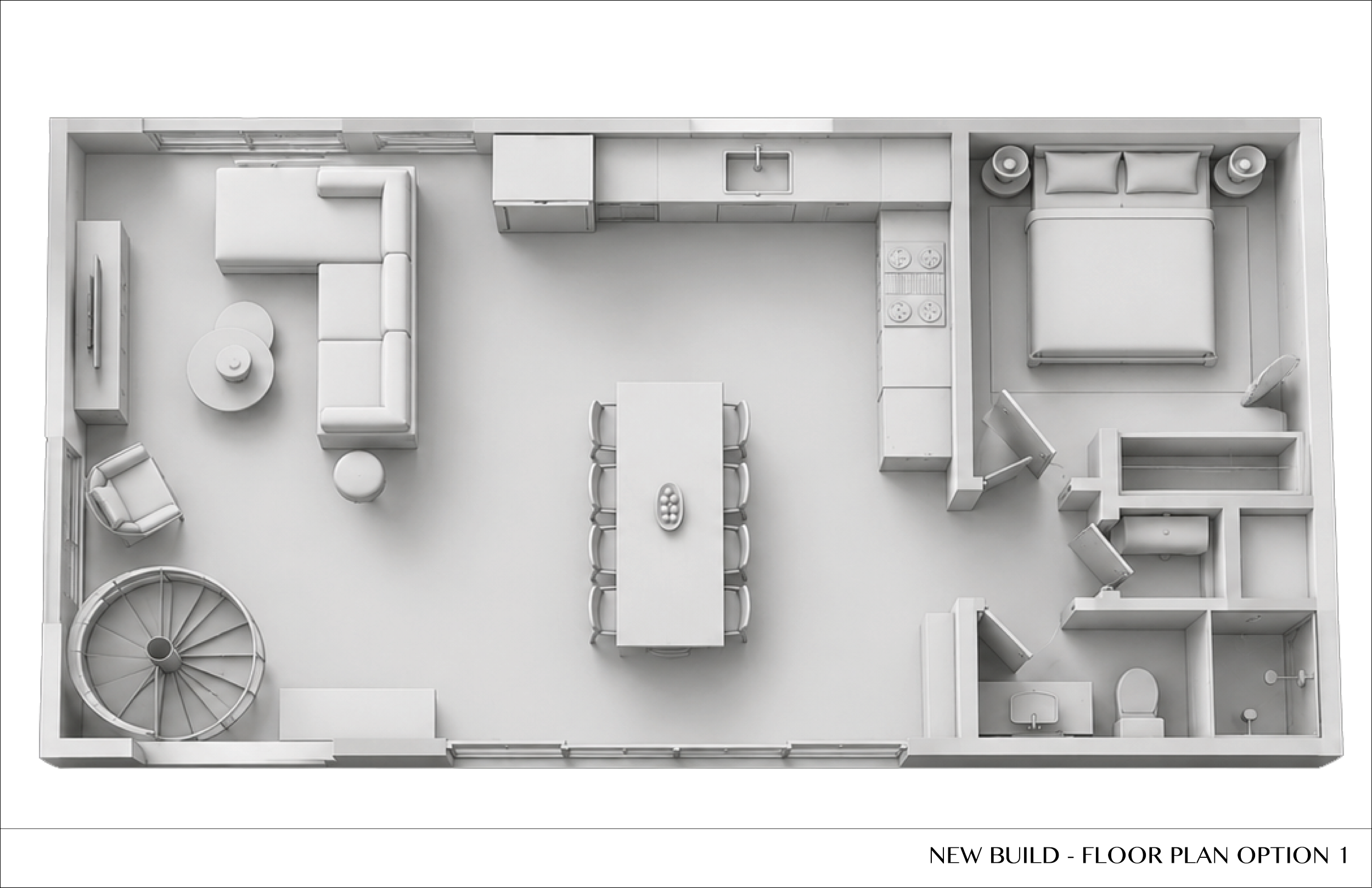 Floor plan for a new build home with a spiral staircase, living room, dining area, kitchen, bedroom, and bathroom.