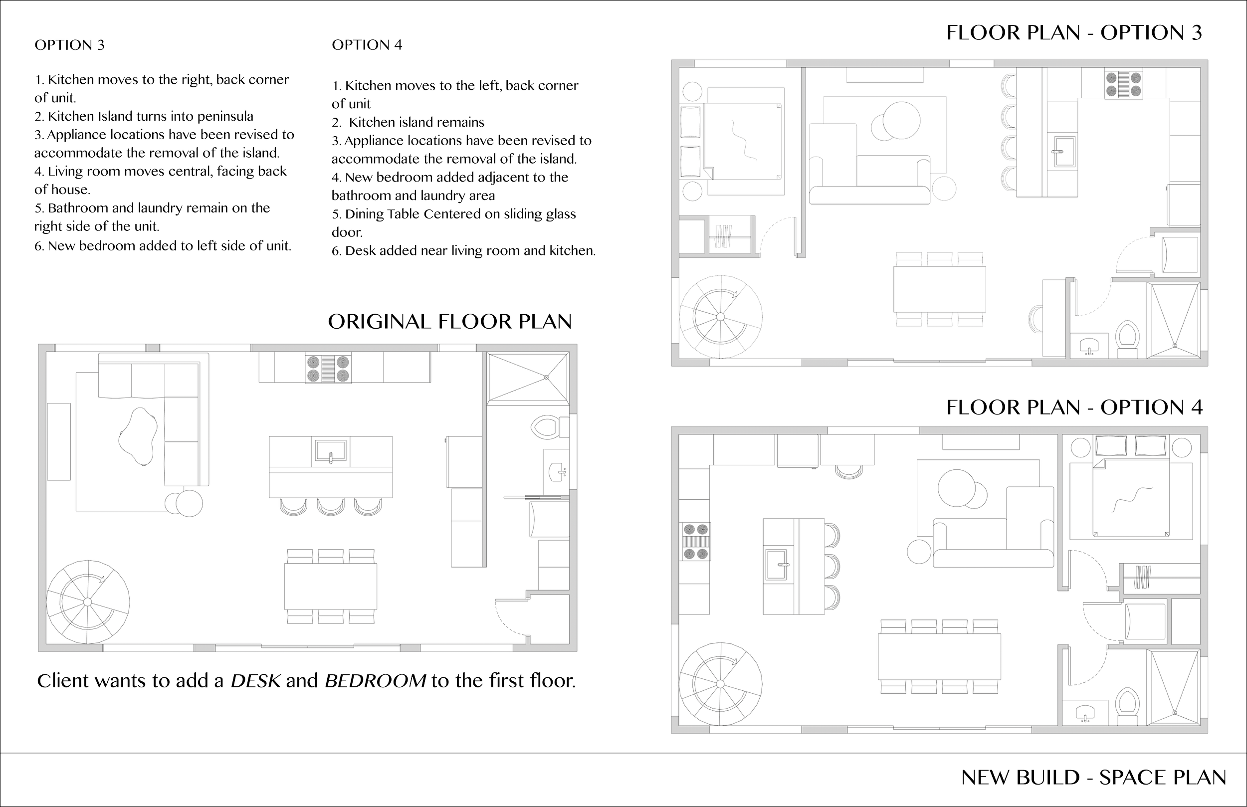 Architectural blueprint with multiple floor plan options, including layouts for rooms, kitchen, bathroom, and living space, accompanied by explanatory text and labels.