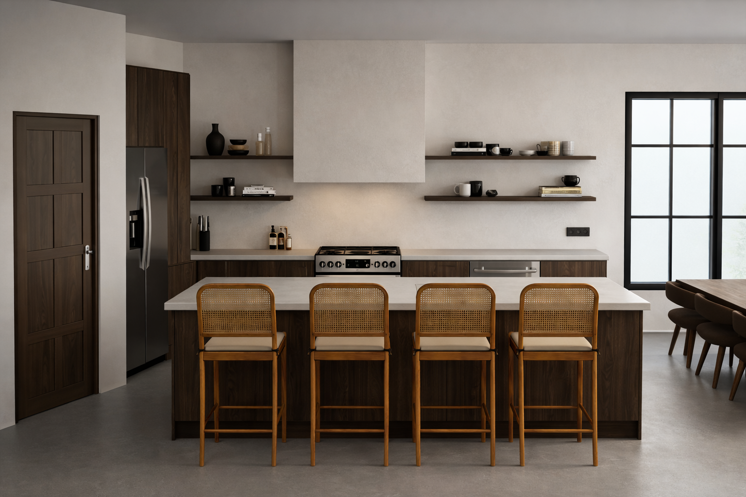 Modern kitchen with a center island, four barstools, dark wood cabinets, open shelving, stainless steel appliances, and a large window.