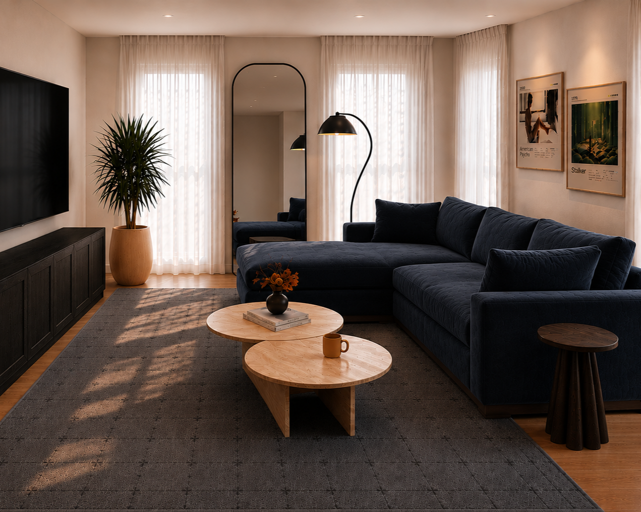 Modern living room with a navy blue sectional sofa, wooden coffee tables, a large potted plant, a wall-mounted TV, and framed artwork on the wall. Light filters through sheer curtains covering windows.