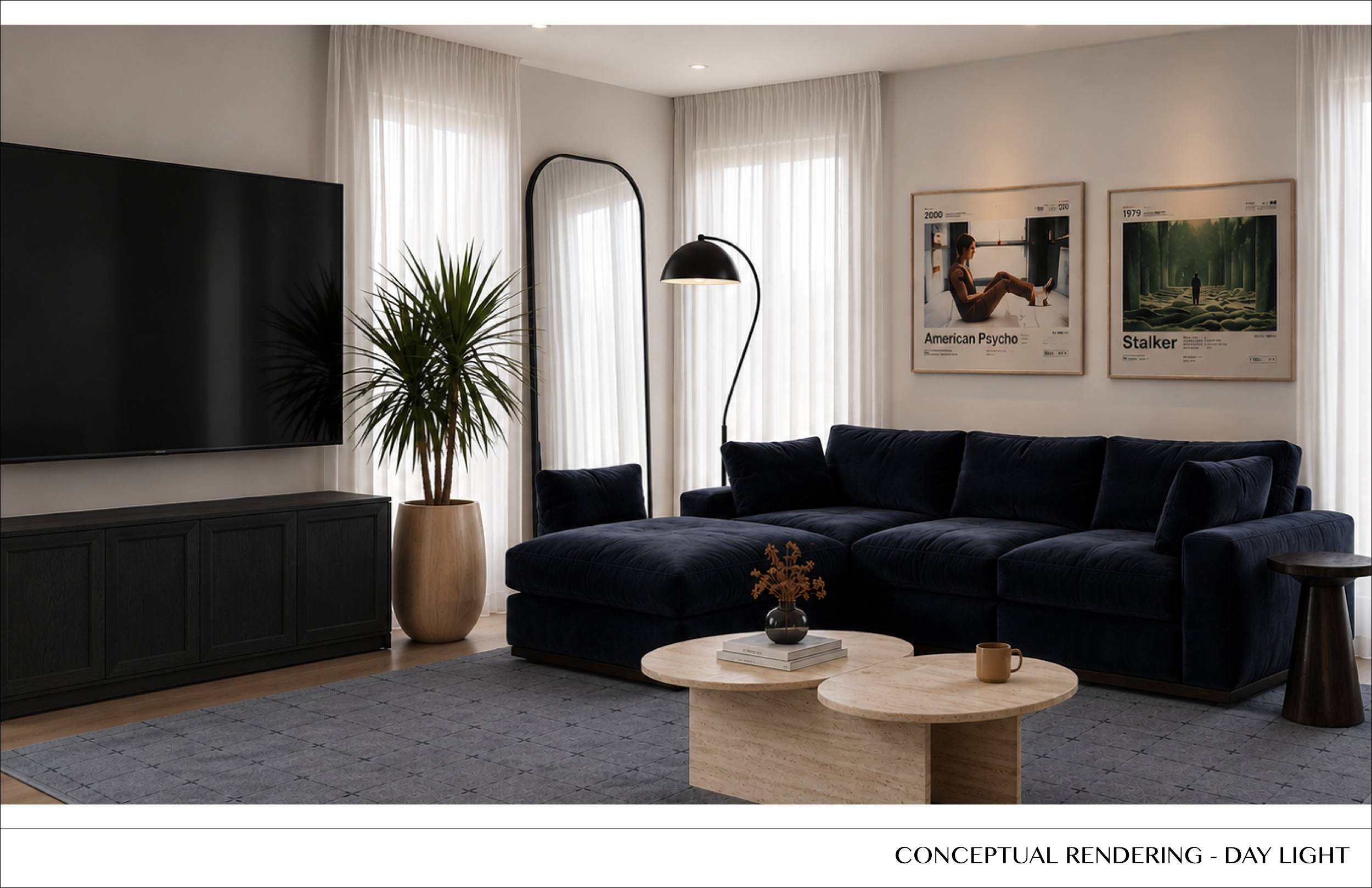 A modern living room with a large flat-screen TV, a black sideboard, a tall potted plant, a floor lamp, a navy velvet sofa, a light-colored round coffee table with books and a small decorative object, framed art posters on the wall, and sheer white curtains on the windows.