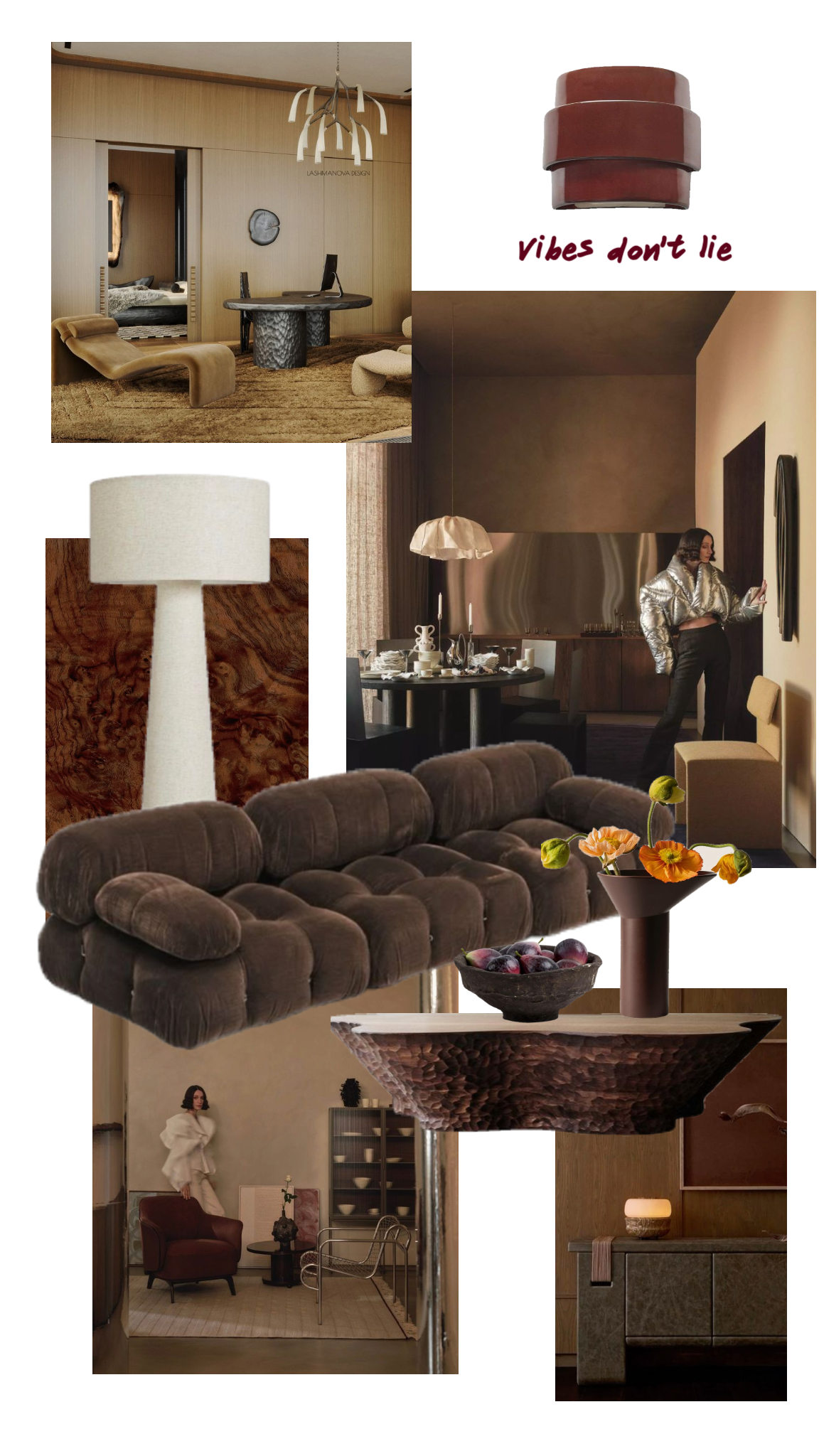 Collage of modern interior design spaces including a home office with a wooden desk and wall decor, a contemporary living room with a velvet sofa, a dining area with a table set, a bedroom with a bed, and minimalistic decor elements like lamps, flowers, and bowls with fruit.