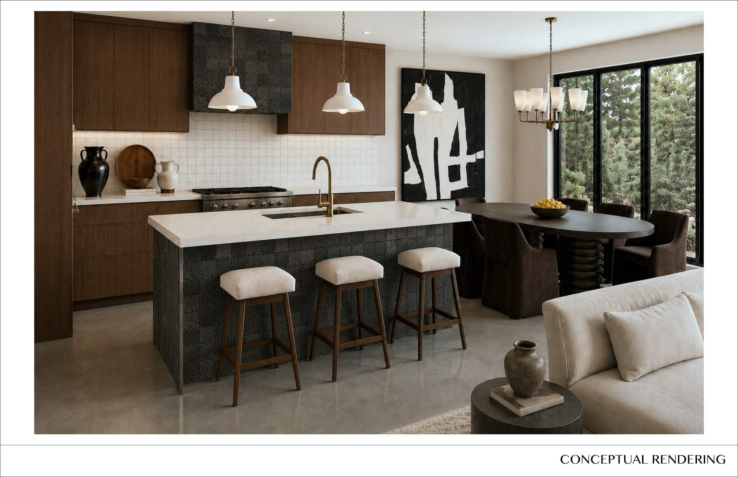 Modern kitchen with dark wooden cabinets, white tiled backsplash, marble island with brass faucet, and three white pendant lights. Adjacent dining area with a dark wood table, six upholstered chairs, black chandelier, and large windows with a view of green foliage.