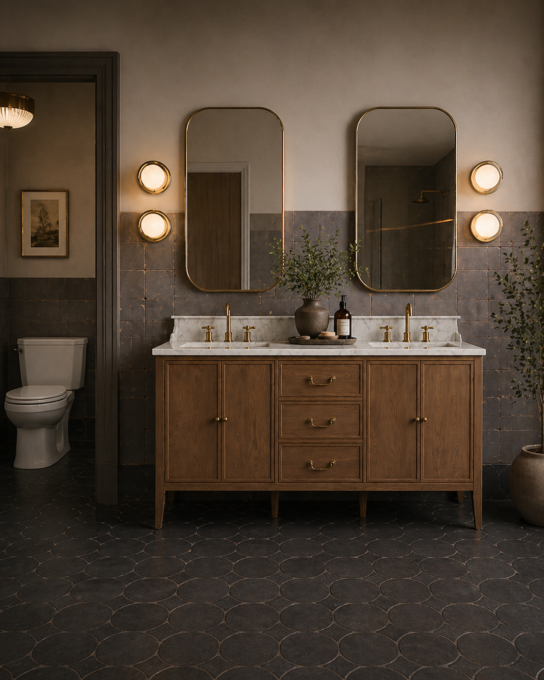 A bathroom featuring a wooden double vanity with a white marble countertop, two mirrors with rounded edges, and brass fixtures. The wall behind the vanity is partially tiled in dark gray, with a light-colored upper wall. Two wall-mounted lights flank each mirror. To the left, there is a toilet, and on the right side, a large potted plant. Decorative items, including a plant in a vase and toiletries, are on the vanity.