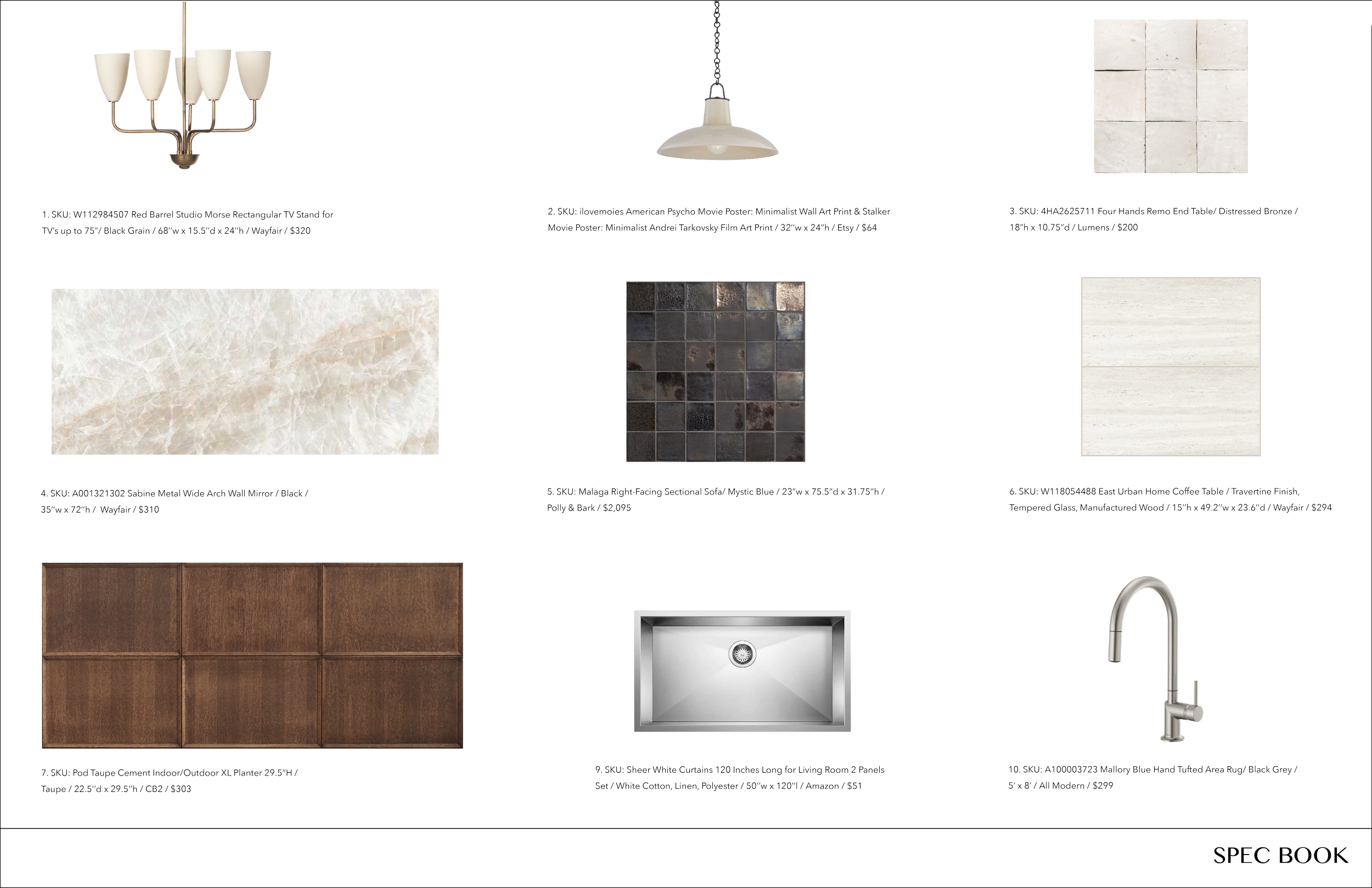 A collage of kitchen design materials and fixtures, including a modern chandelier, pendant light, tile samples, countertop, cabinet doors, stainless steel sink, and a kitchen faucet.