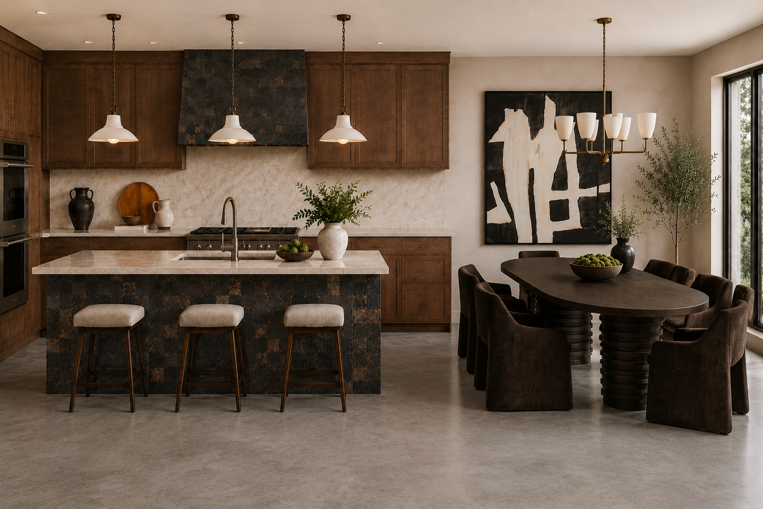 Modern kitchen and dining area with wooden cabinets, a marble island, bar stools, a dark dining table with eight chairs, and decorative vases and artwork.