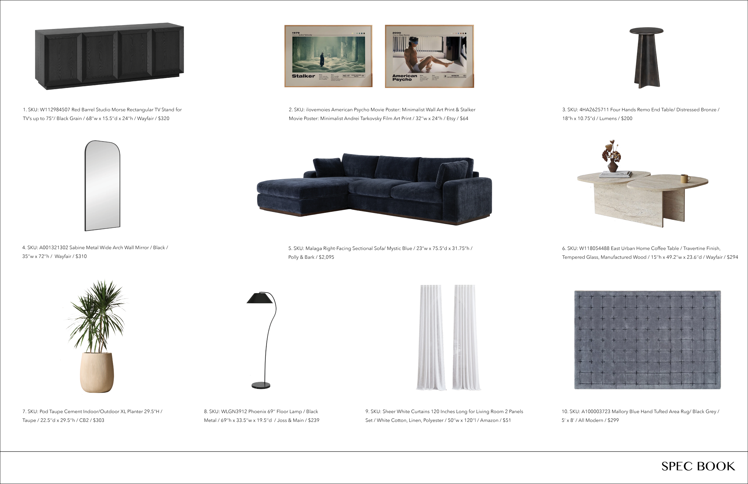 A collage of various home decor and furniture items including a black wall-mounted mirror, potted plant, floor lamp, curtains, area rug, and sectional sofa set, with product details and prices listed below each item.