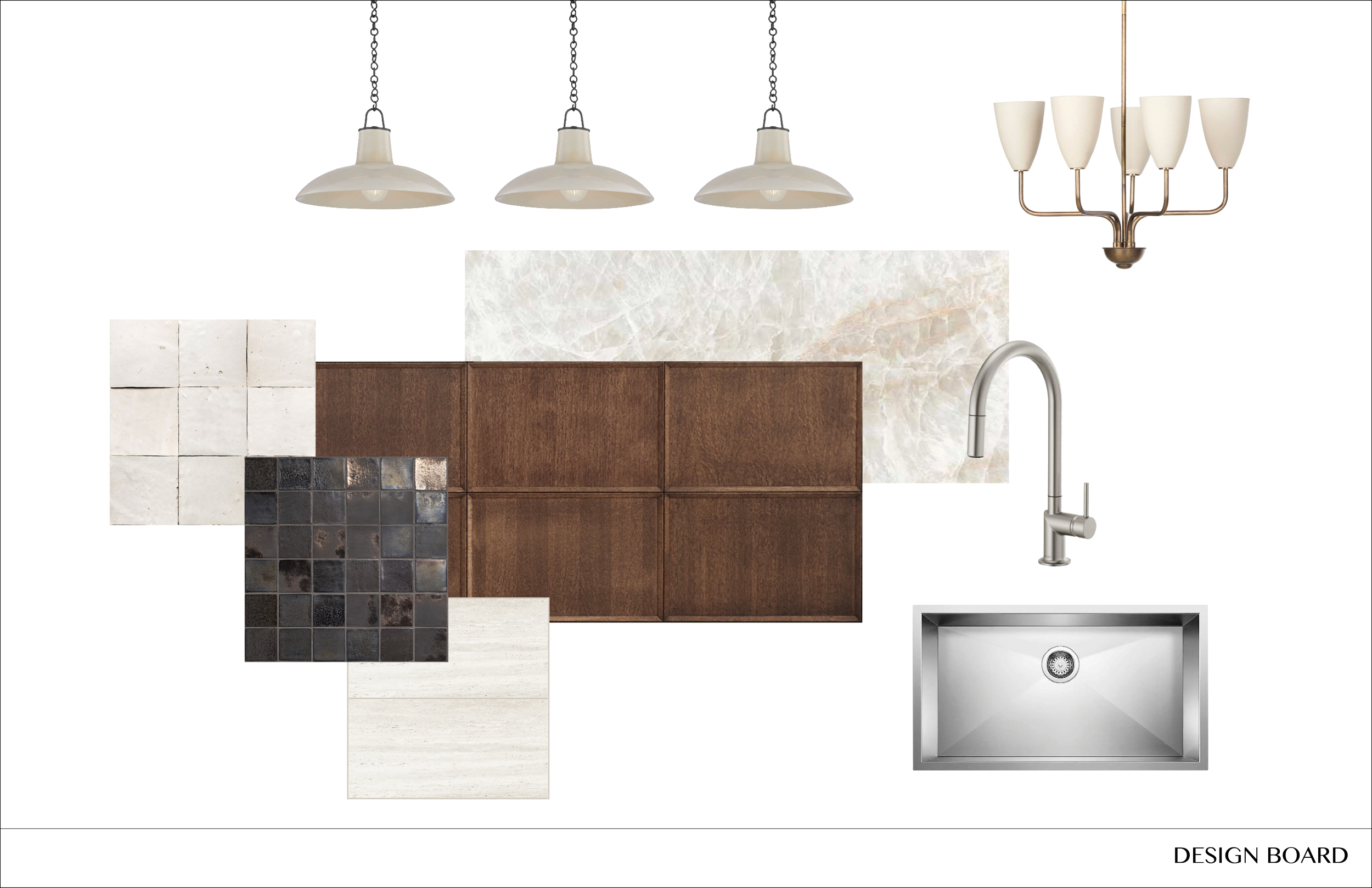 Design board for kitchen with three white pendant lights, a brass chandelier with six white shades, various tile samples including white, dark, and patterned tiles, wooden cabinet samples, granite or marble slab, white and cream-colored materials, a white kitchen sink, and a modern stainless steel faucet.