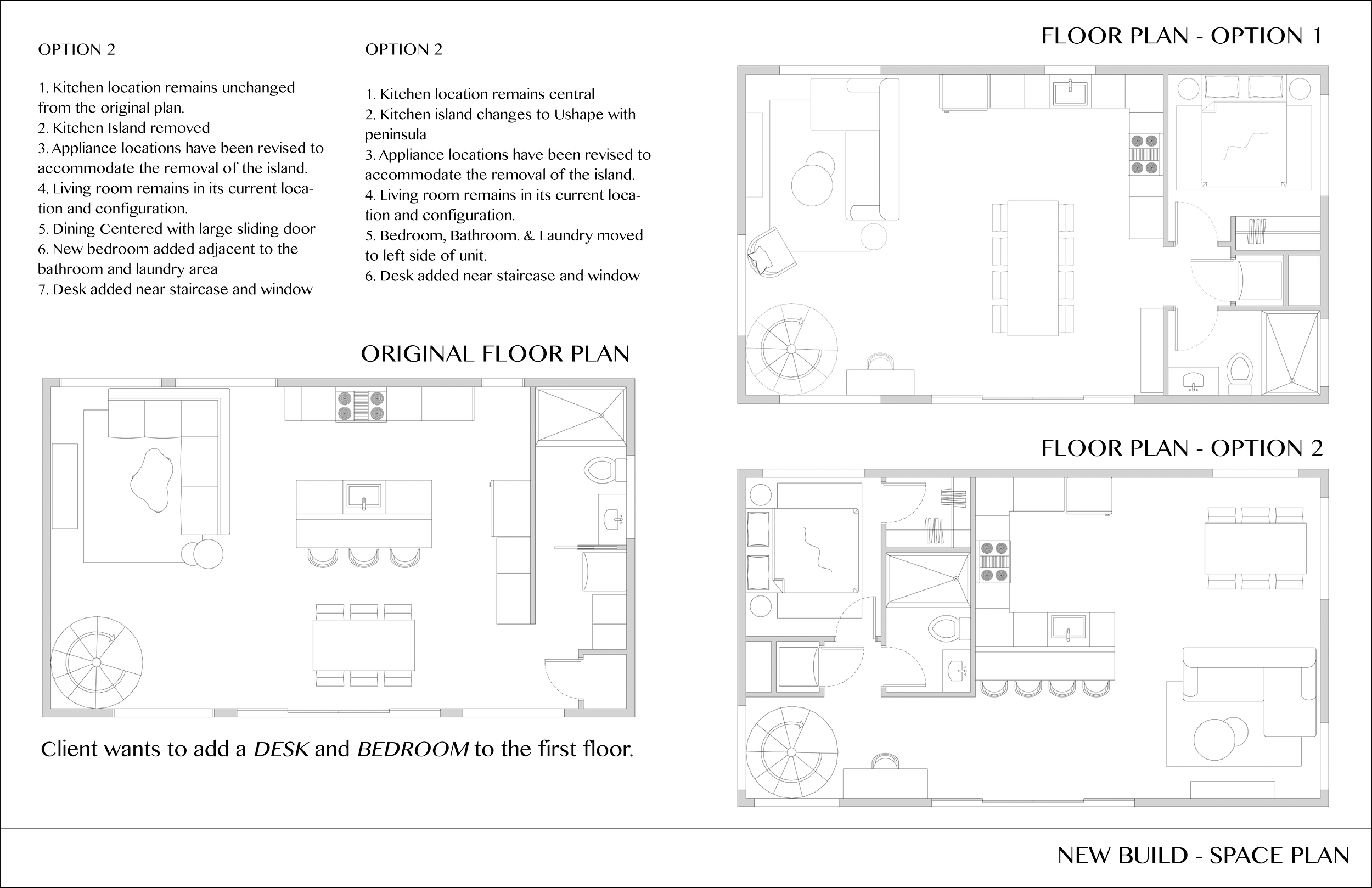 Architectural floor plan layouts for a building, including Option 1, Option 2, and a new space plan, with room arrangements, kitchen, living room, bathroom, laundry, and bedroom details.
