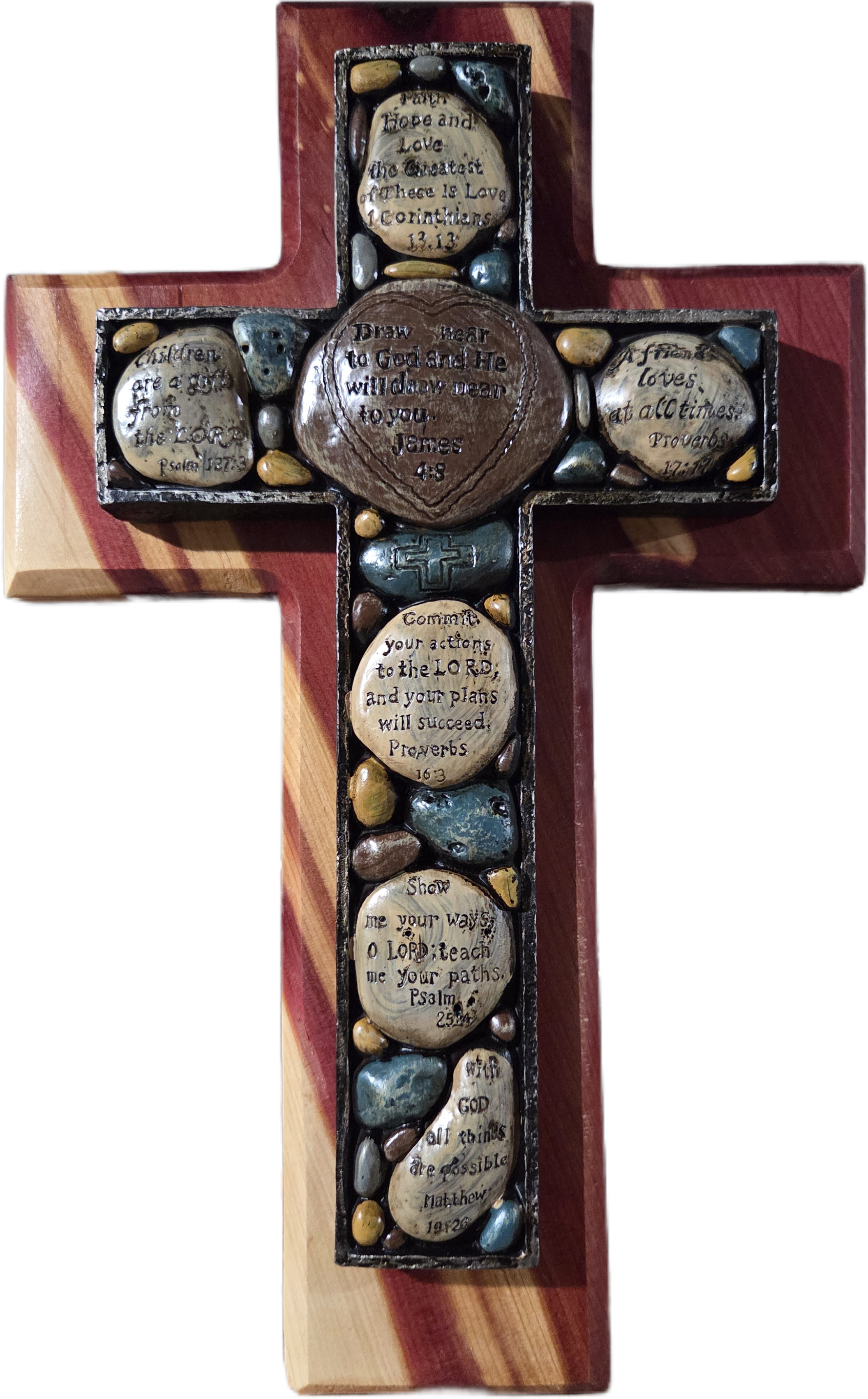 Inspirational Stone & Cedar Wood Wall Cross 15"x9.25"