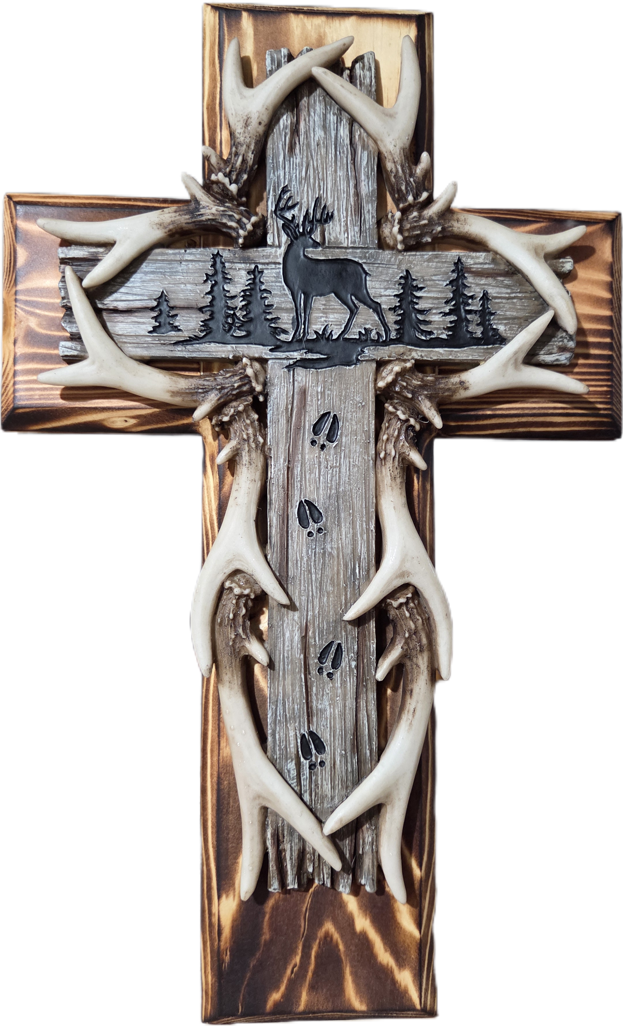 Deer and Antler Rustic Pine Wood Wall Cross 15