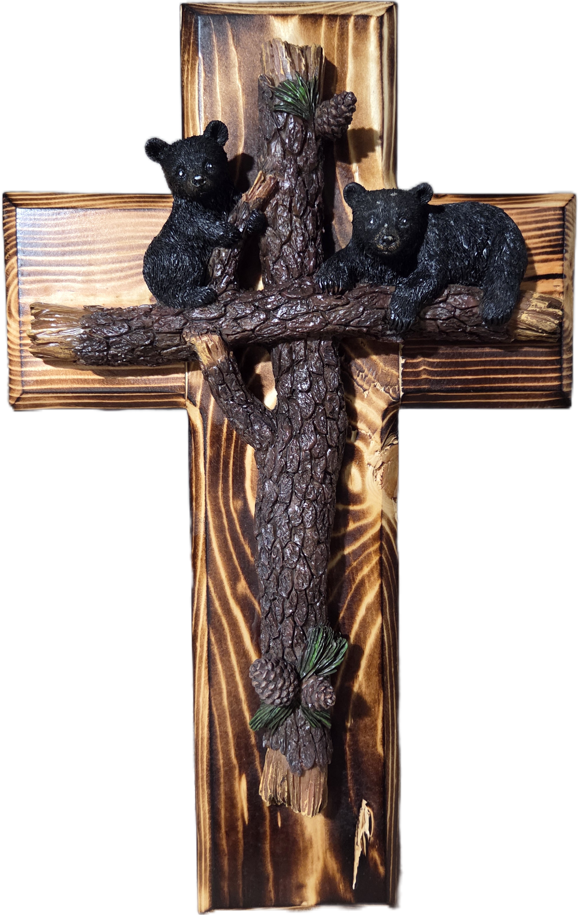 Rustic Bear Cubs Pine Wood Cross Decor 15