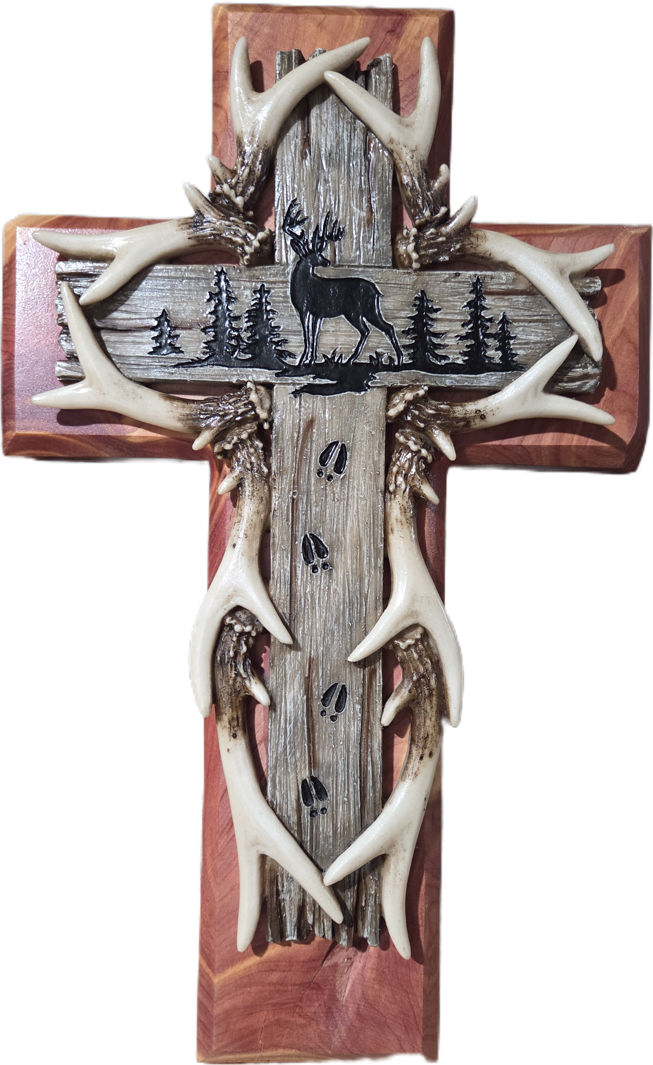 Rustic Deer & Antler Cedar Wall Cross 15