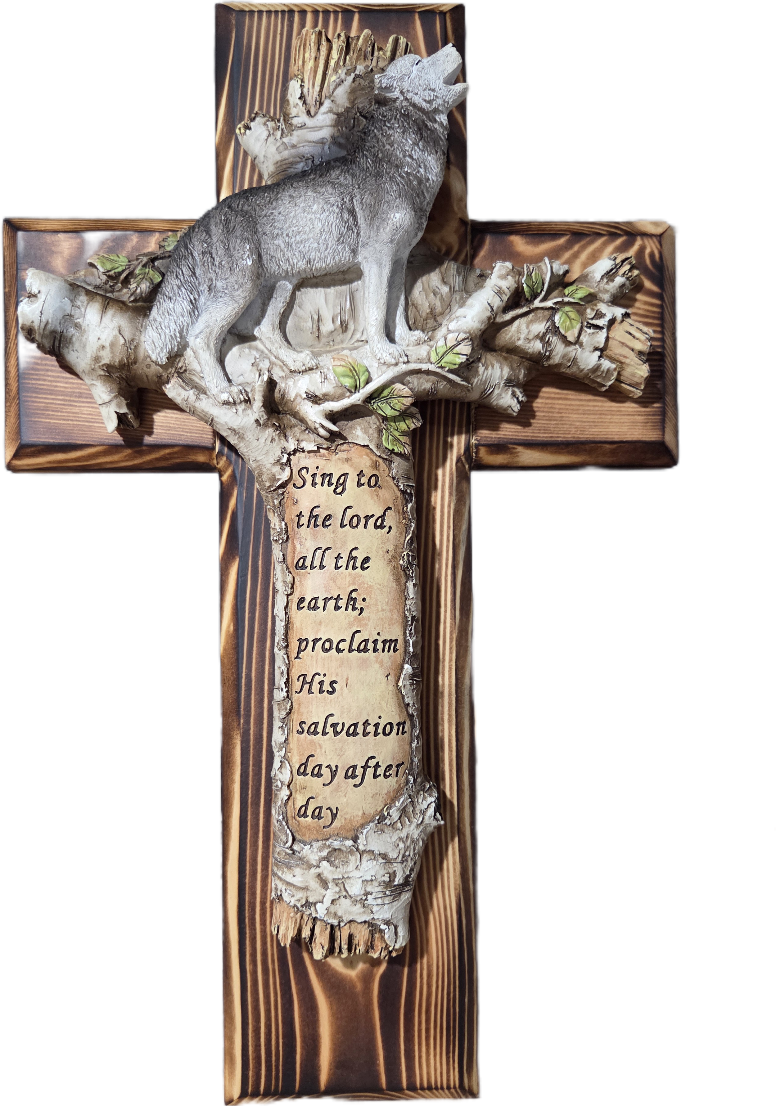 Rustic Wolf and Bark Pine WoodWall Cross with Scripture 15