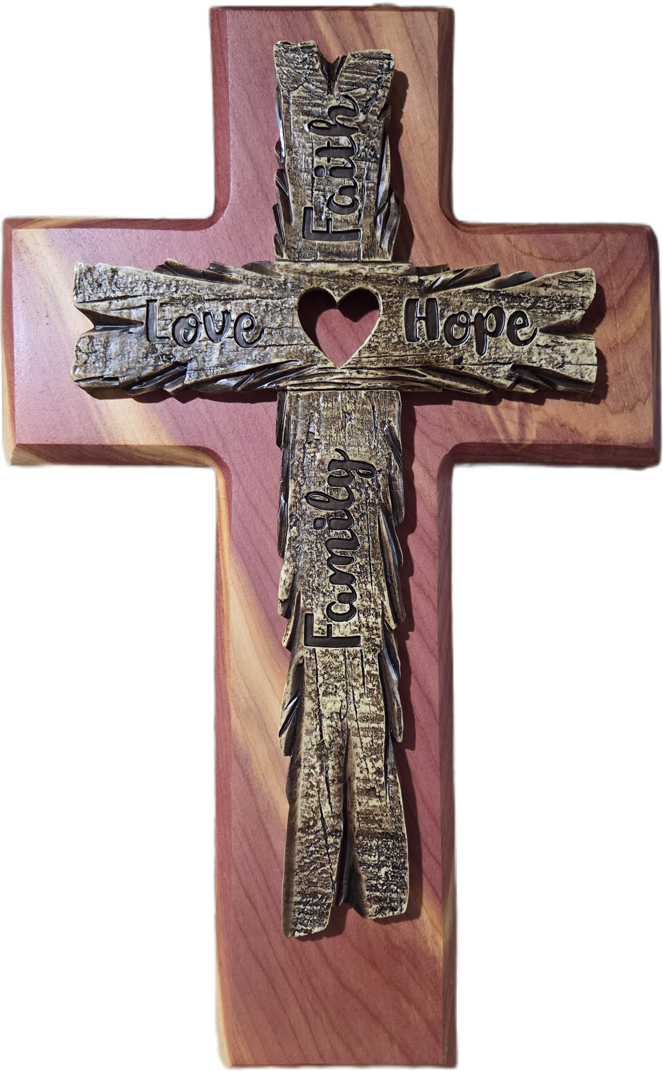 Cedar Wall Cross with Faith, Love, Hope & Family 15