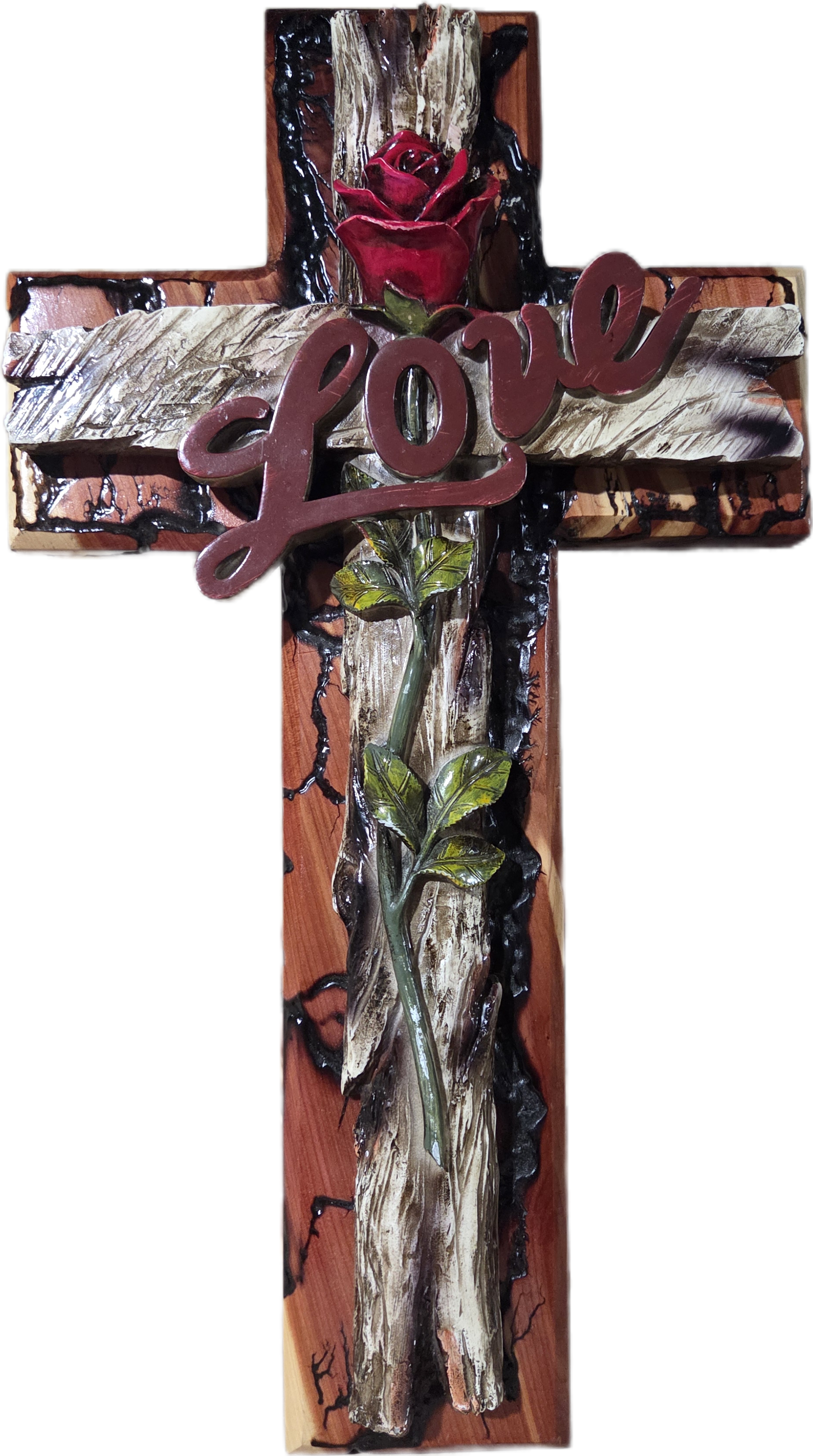 Rustic 'Love' Electric Fracked Cedar Wall Cross 19.25