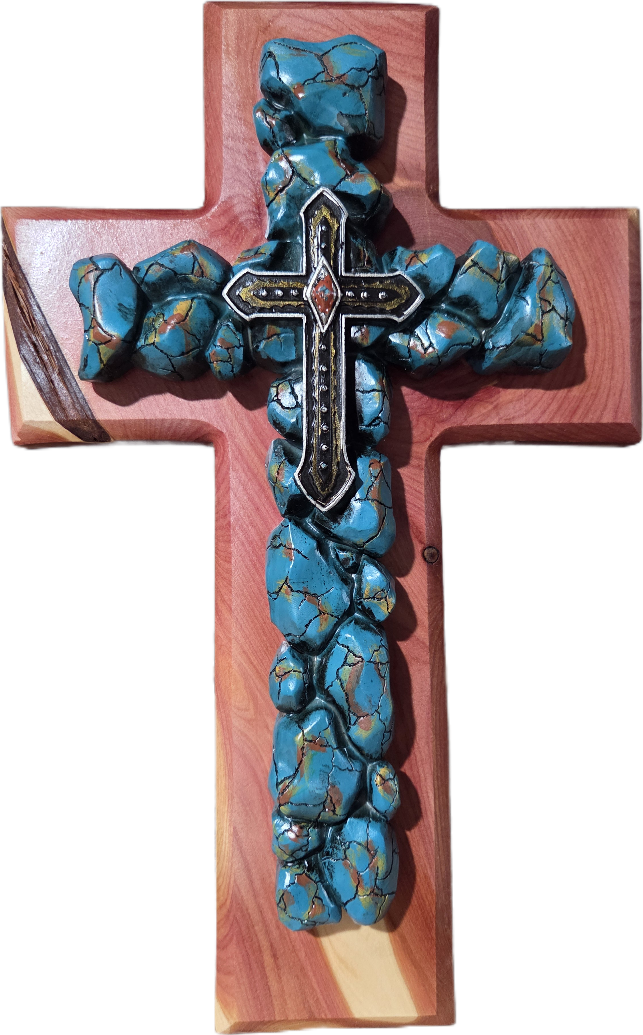 Cross of Turquoise Rocks and Red Cedar Wood 15