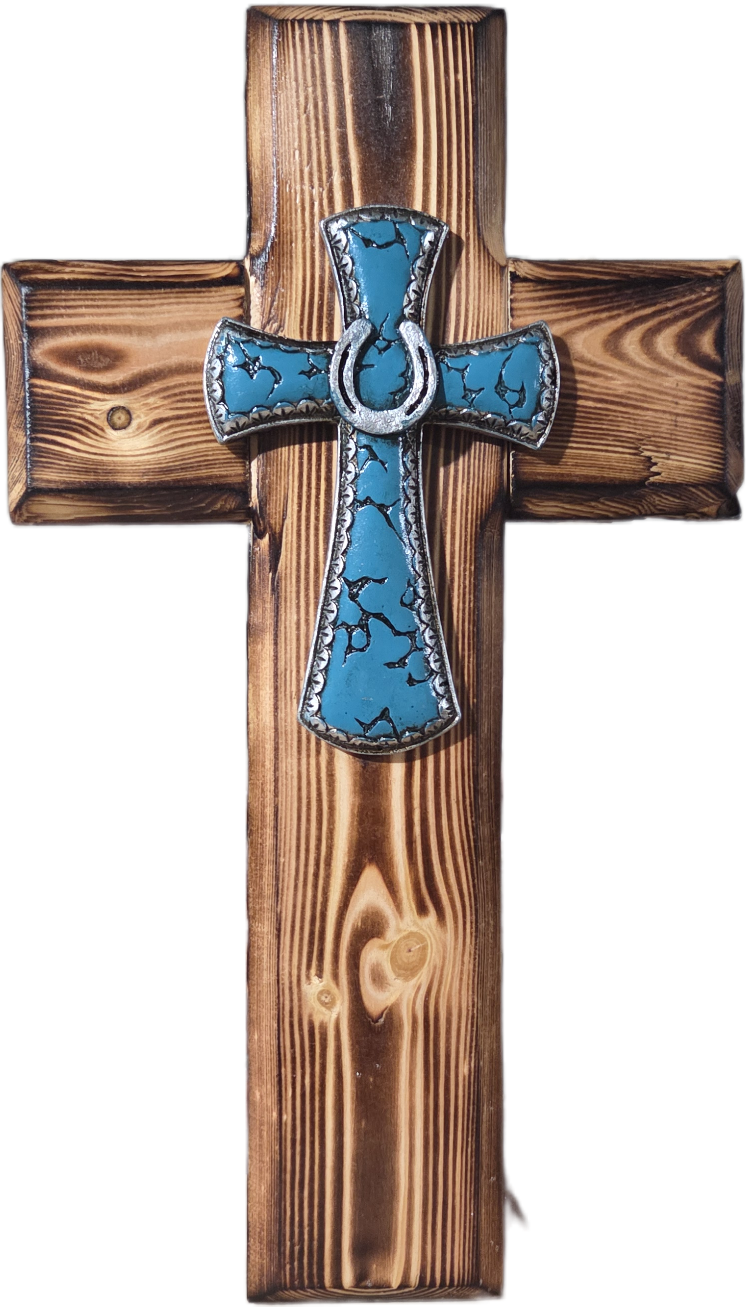Rustic Turquoise Horseshoe Pine Wall Cross 12
