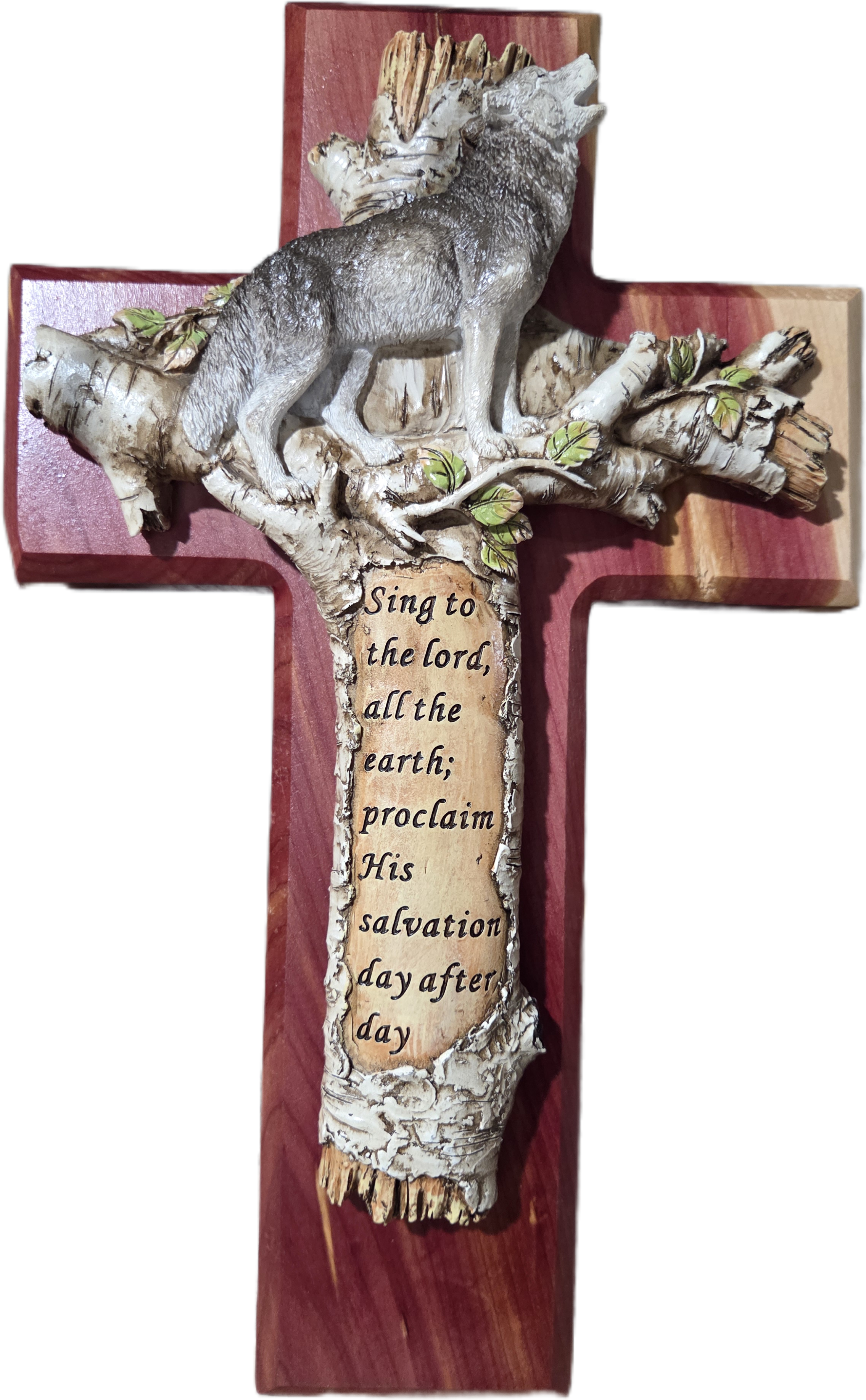 Wolf and Woodland Cedar Cross with Inspiring Verse 15