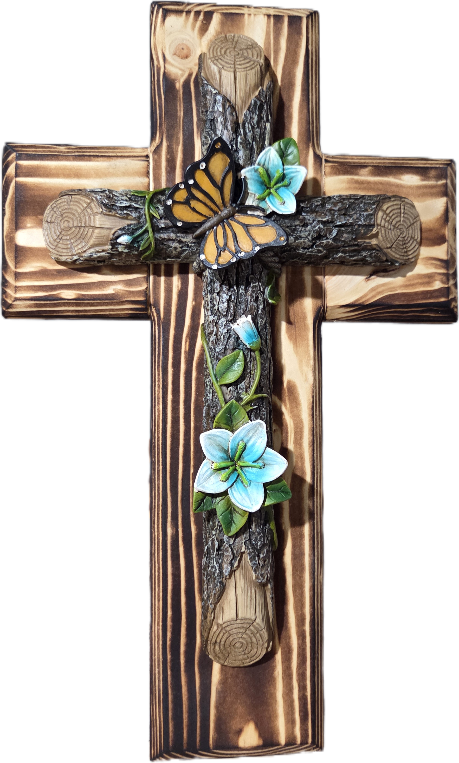 Handcrafted Pine Wood Cross with Butterfly and Floral Design 15