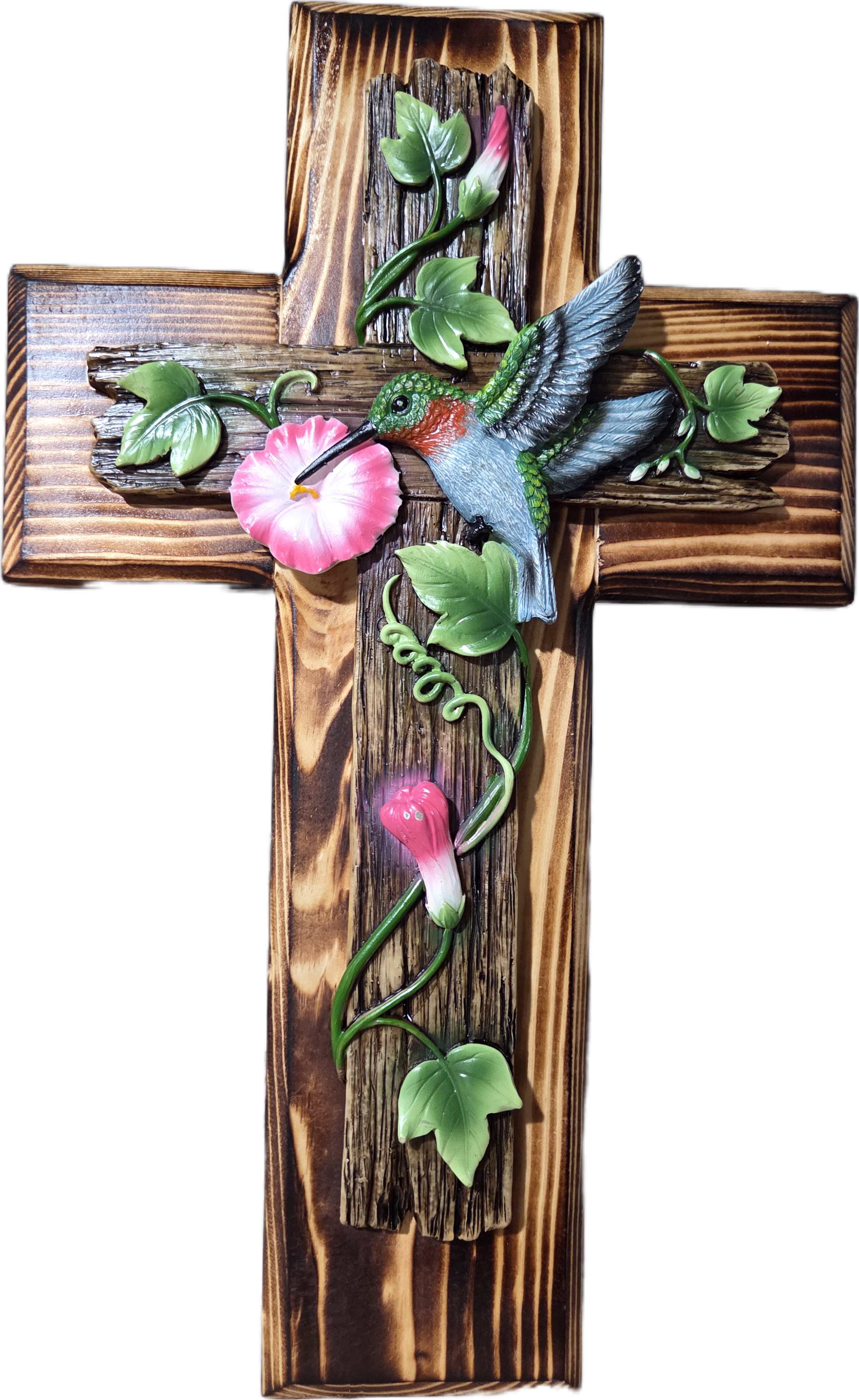 Handcrafted Pine Wood Hummingbird Cross 15