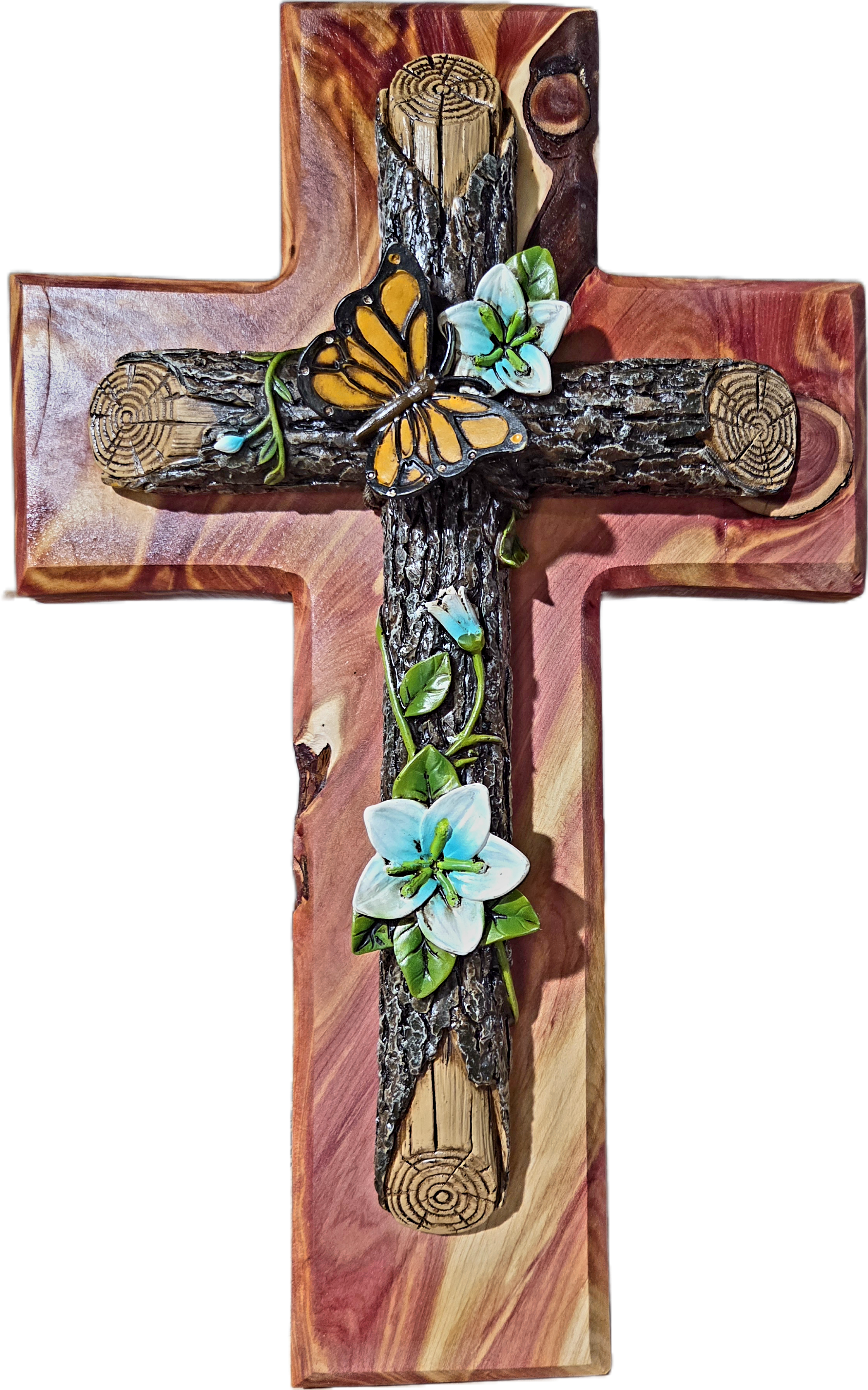 Handmade Rustic Cedar Cross with Butterfly and Floral Design 15
