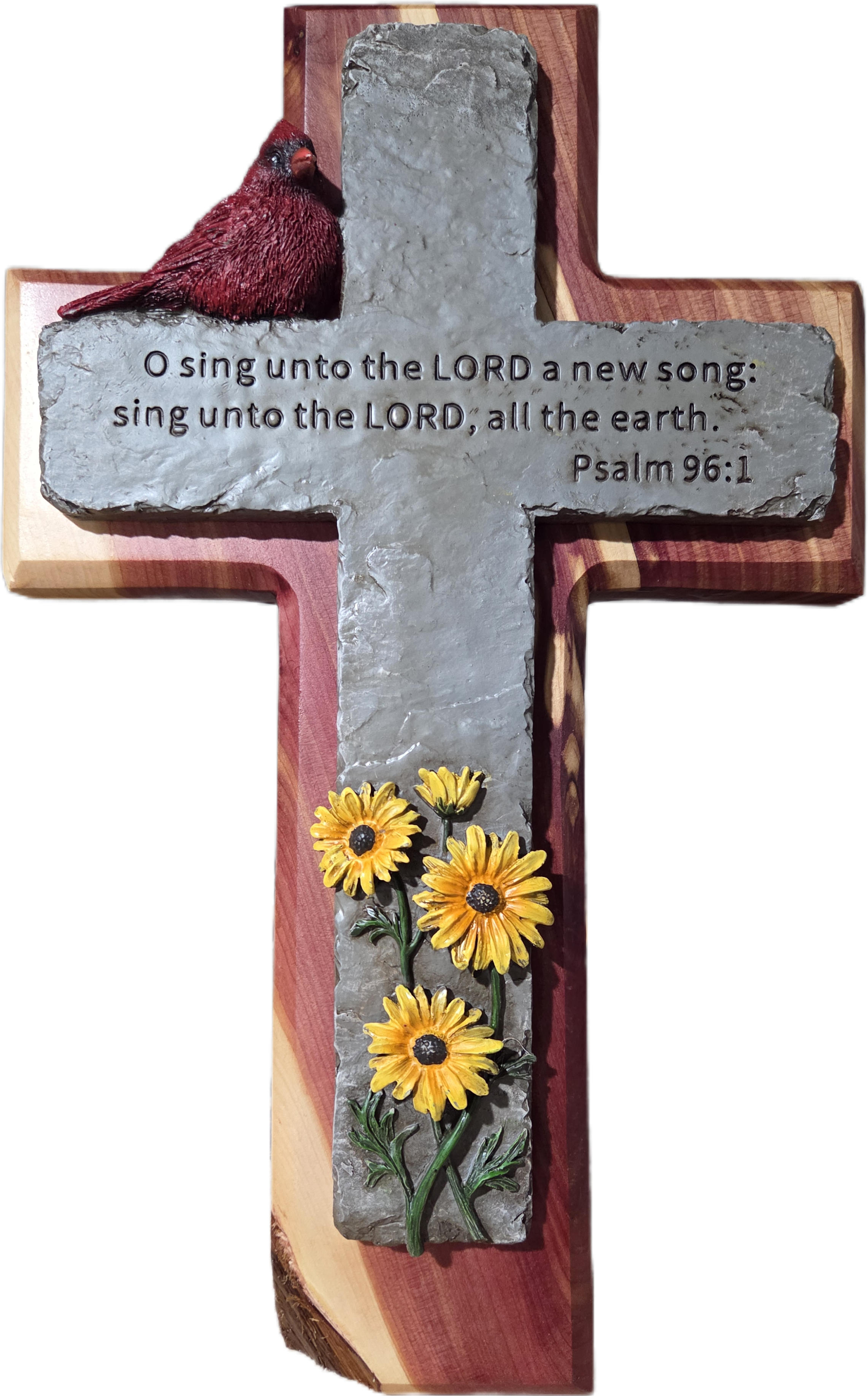 Psalm 96:1 Cardinal and Sunflower Cedar Cross 15