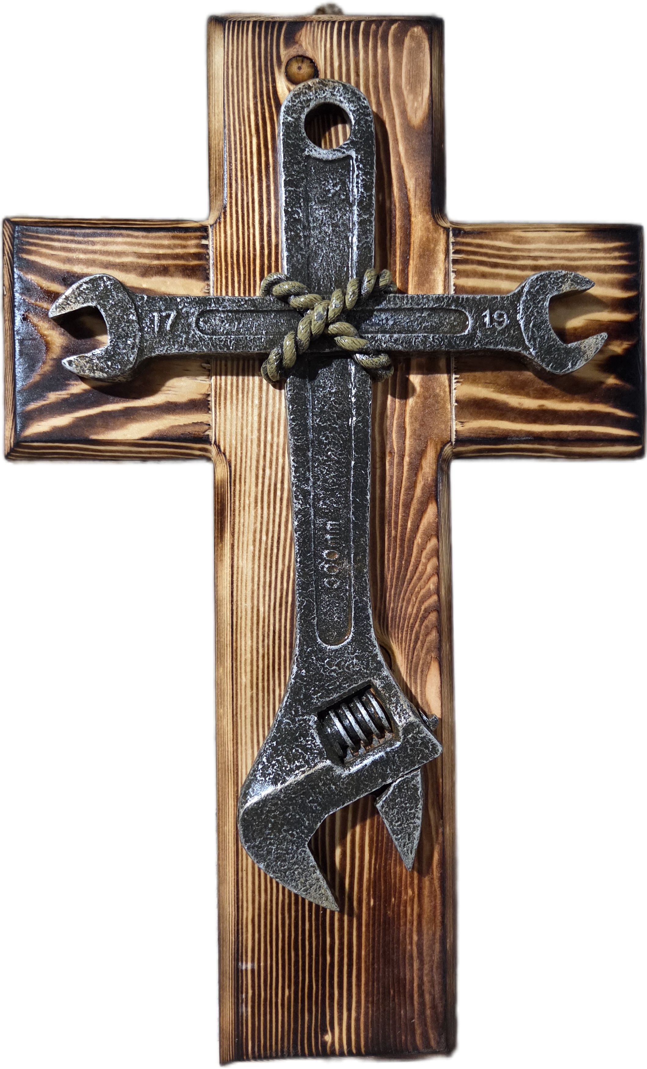 Handcrafted Pine Wood Cross with Wrench Design 15