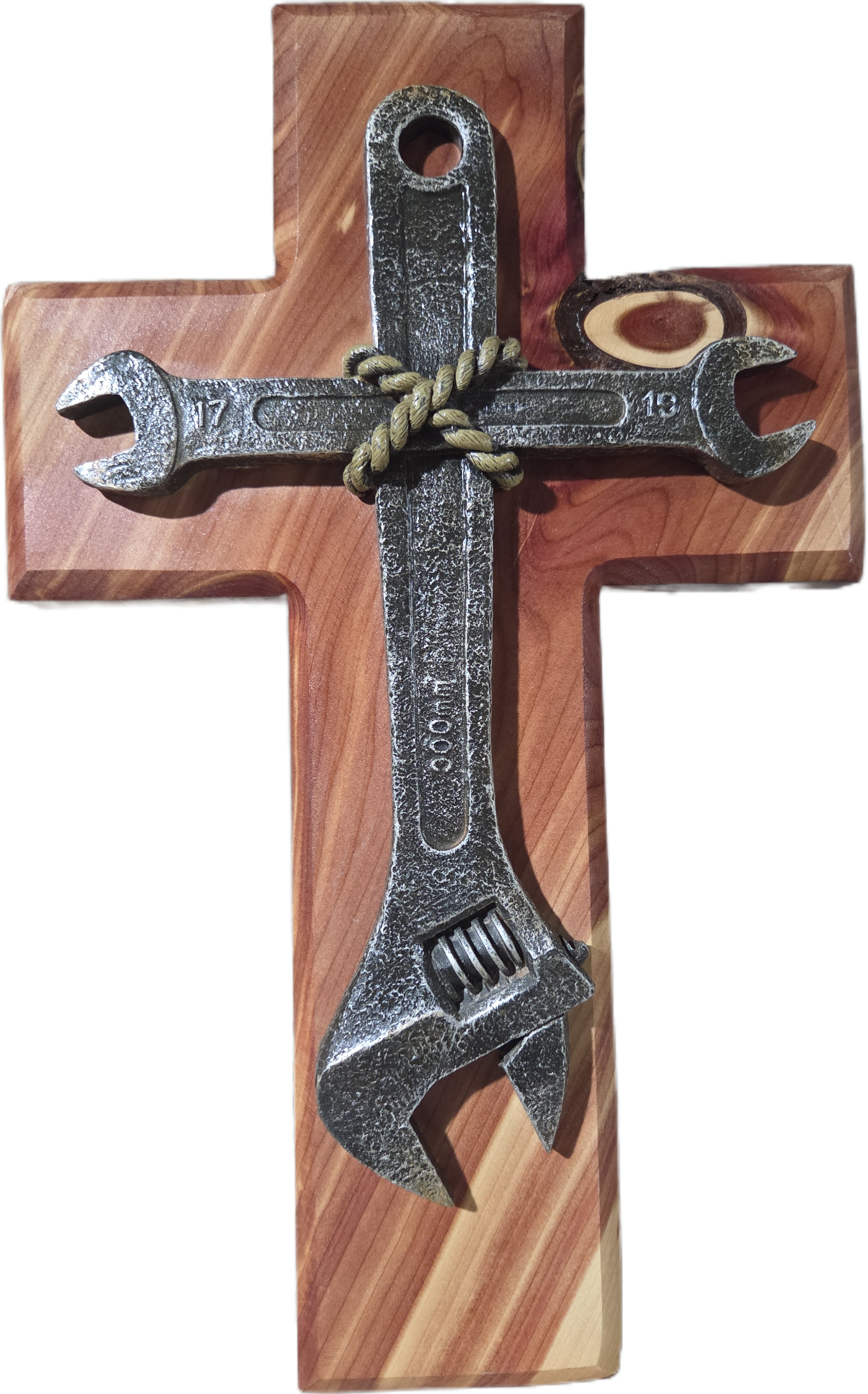 Rustic Artisan Cedar Cross with Metal Wrench 15