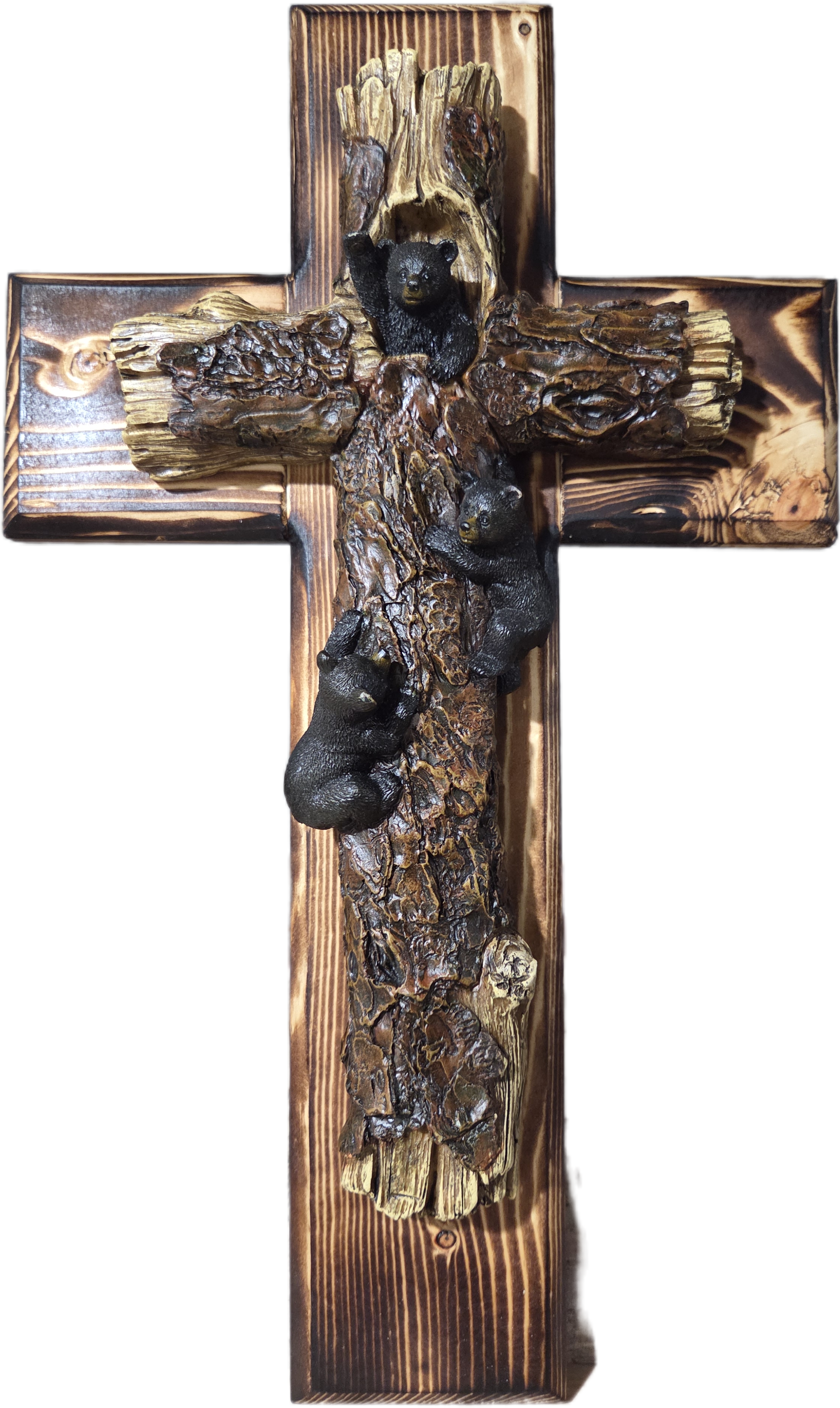 Bear-Themed Rustic Pine Wall Cross 18