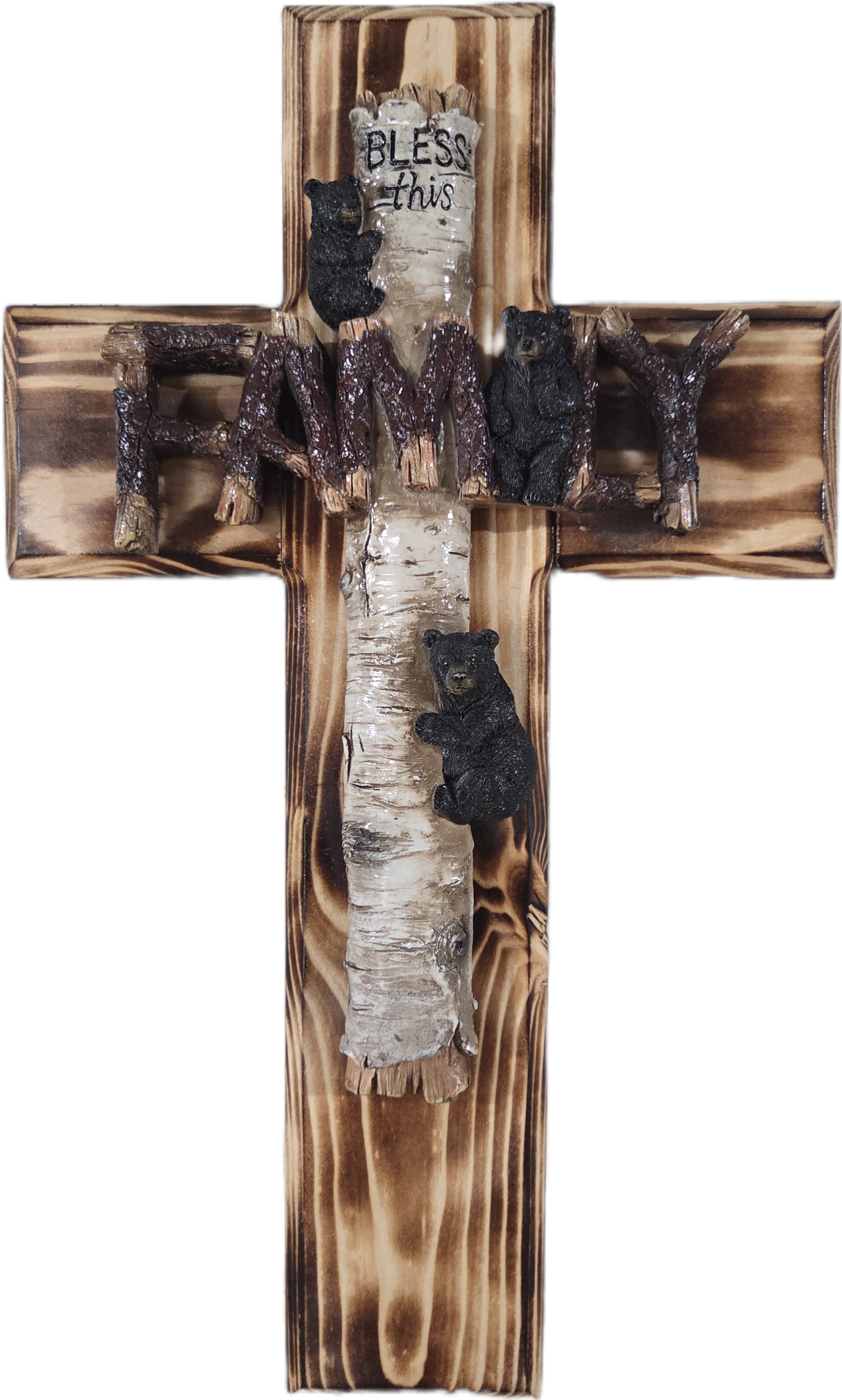Rustic Bear Family Pine Wood Wall Cross 18