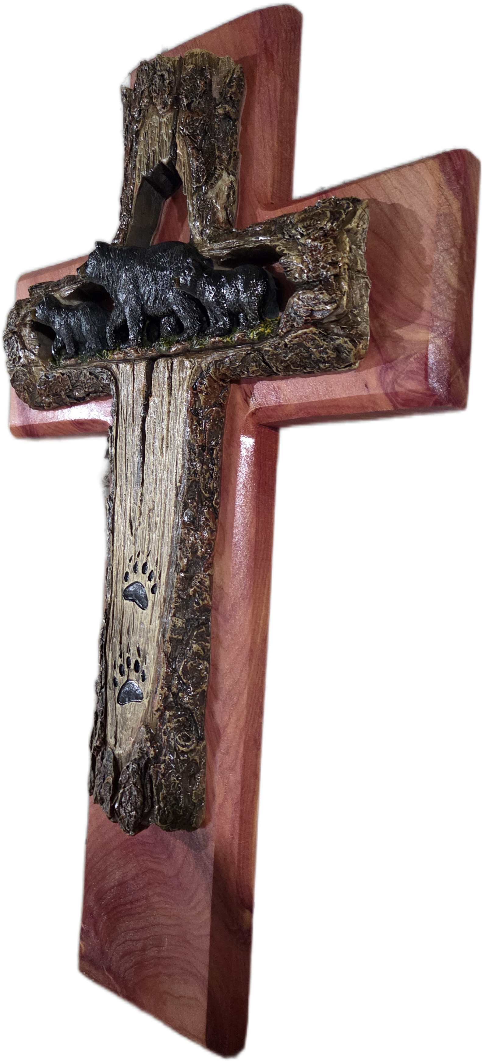 Rustic Cedar Bear Family Wall Cross 18