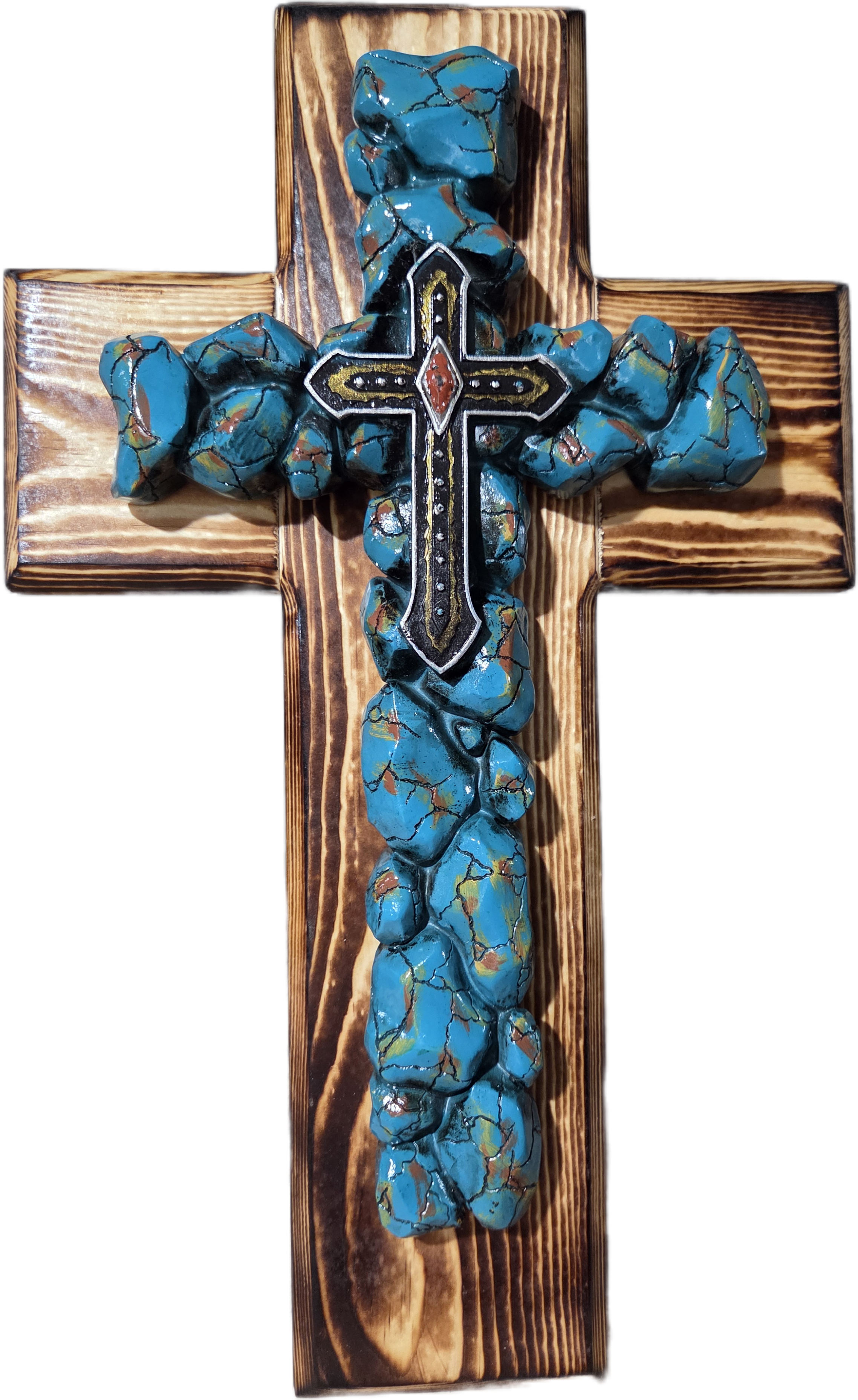 Handcrafted Pine and Turquoise Stone Wall Cross 15