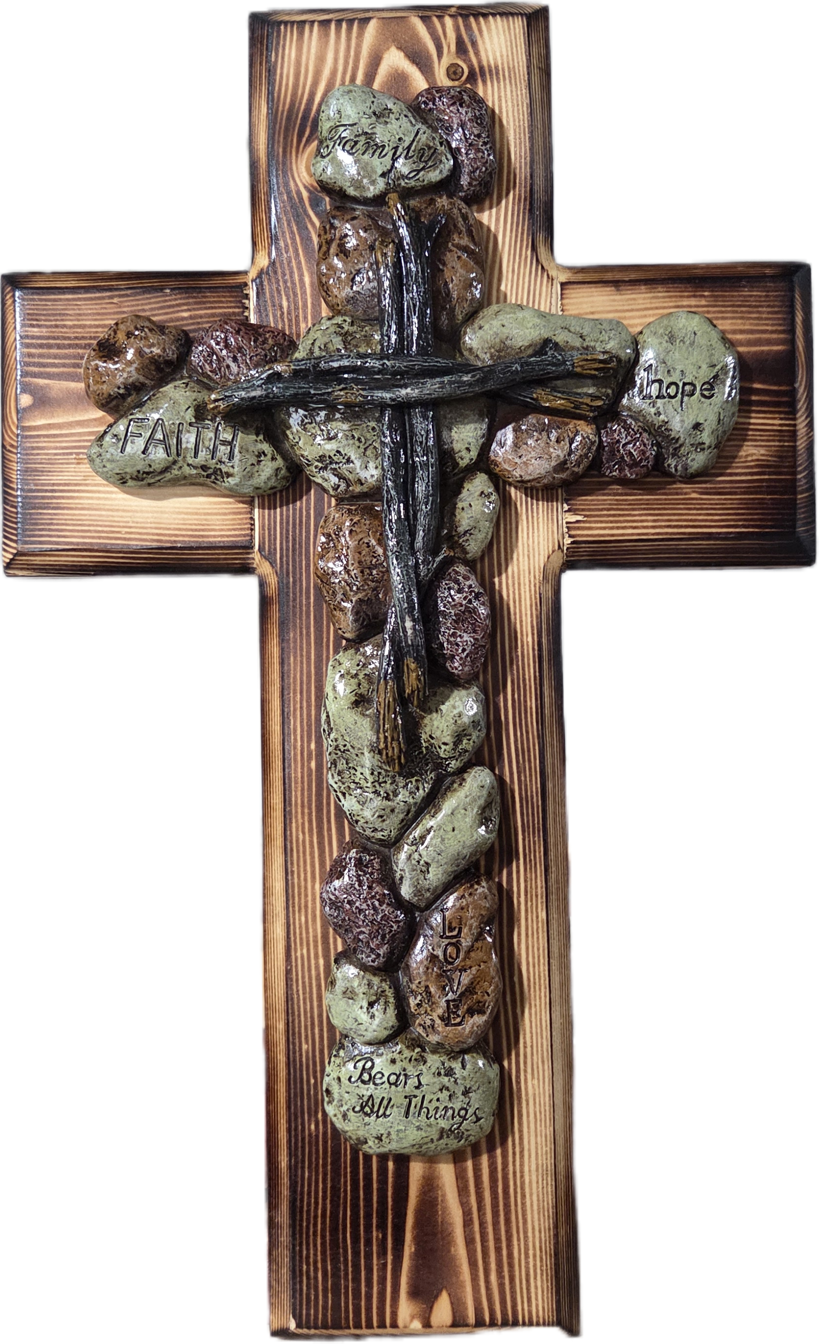 Artisanal Stone-Embellished Pine Wall Cross 15