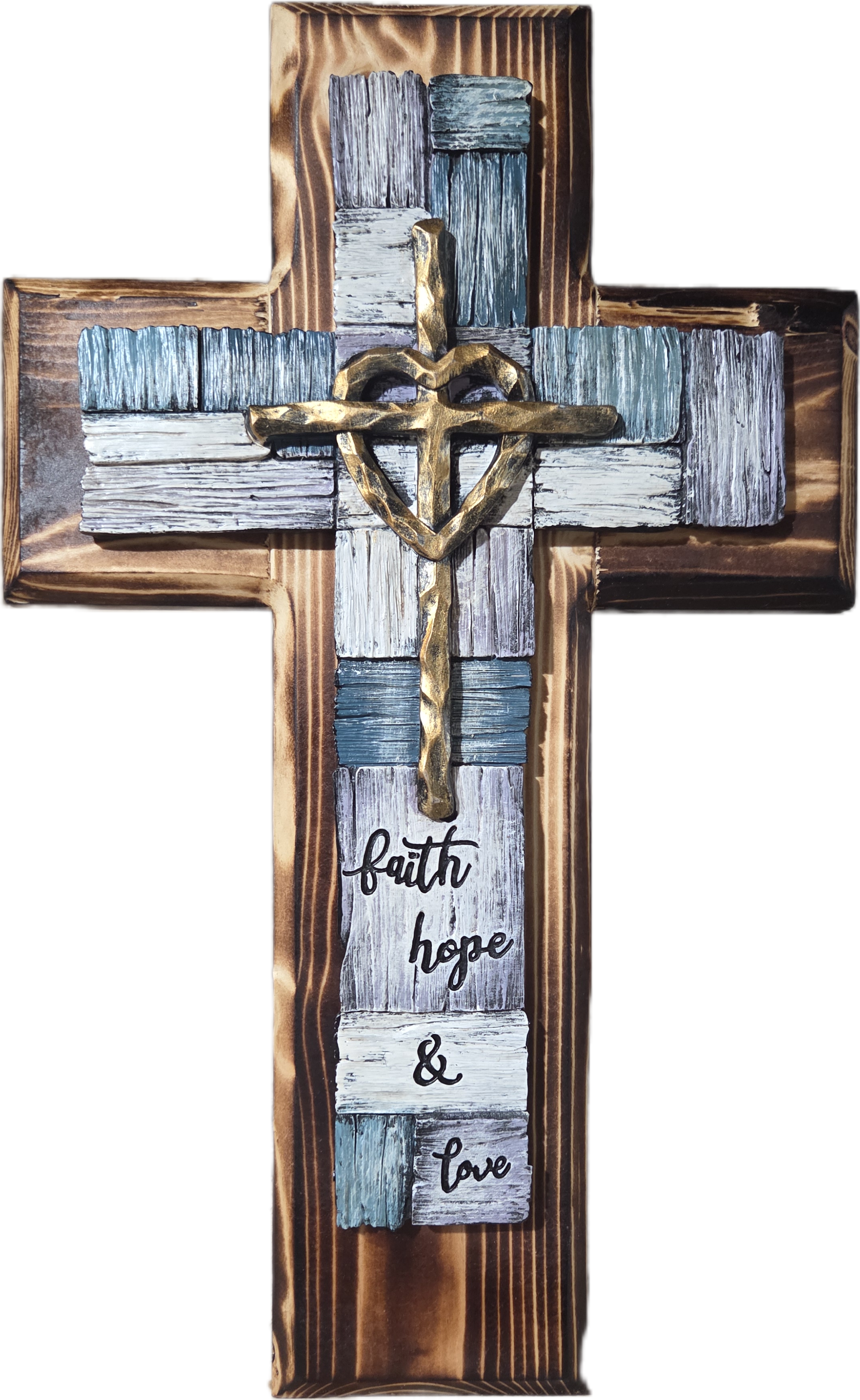 'Faith, Hope & Love' Rustic Pine Wall Cross 15