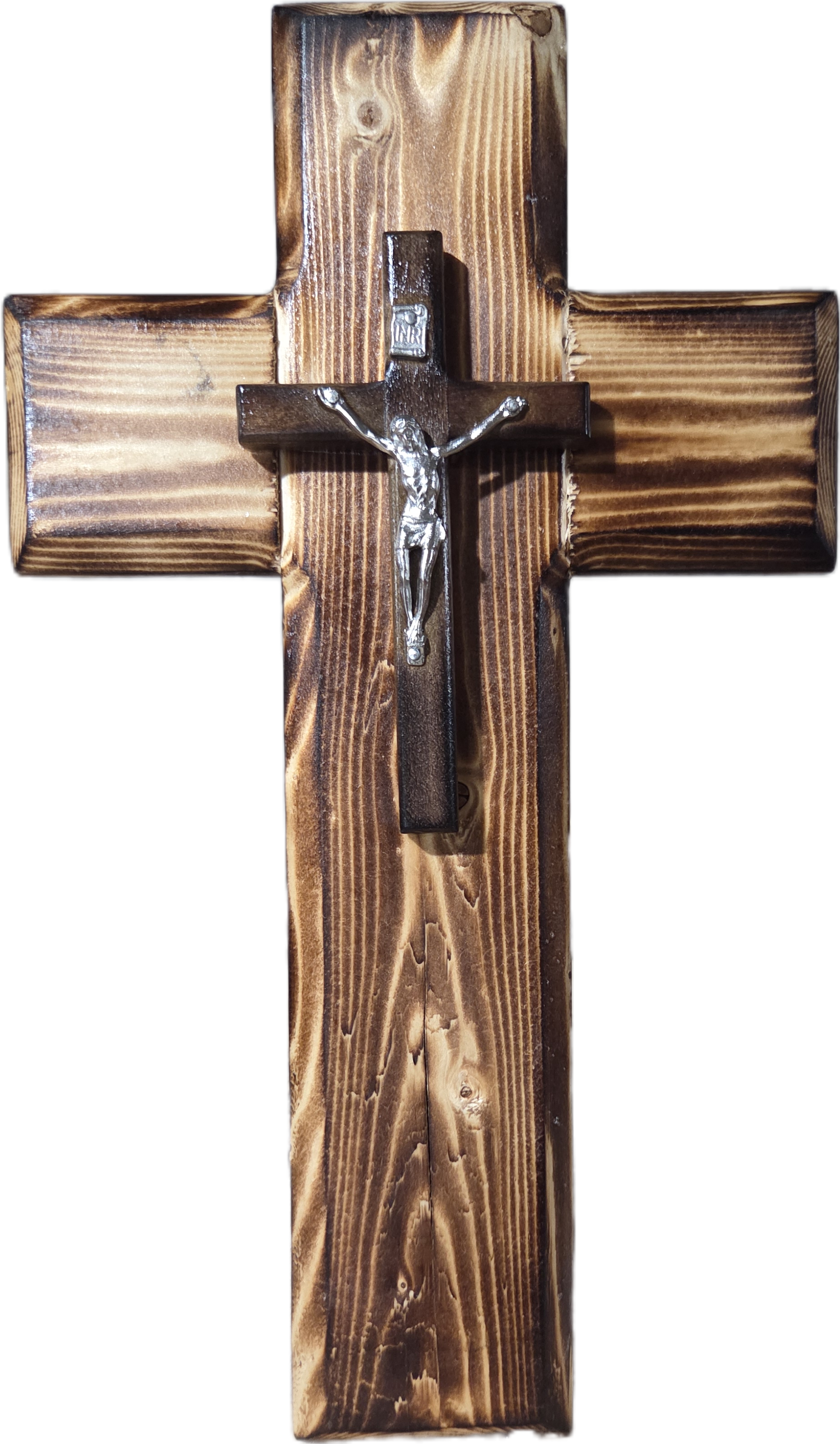 Elegant Handcrafted Pine Cross with Metal Crucifix 12