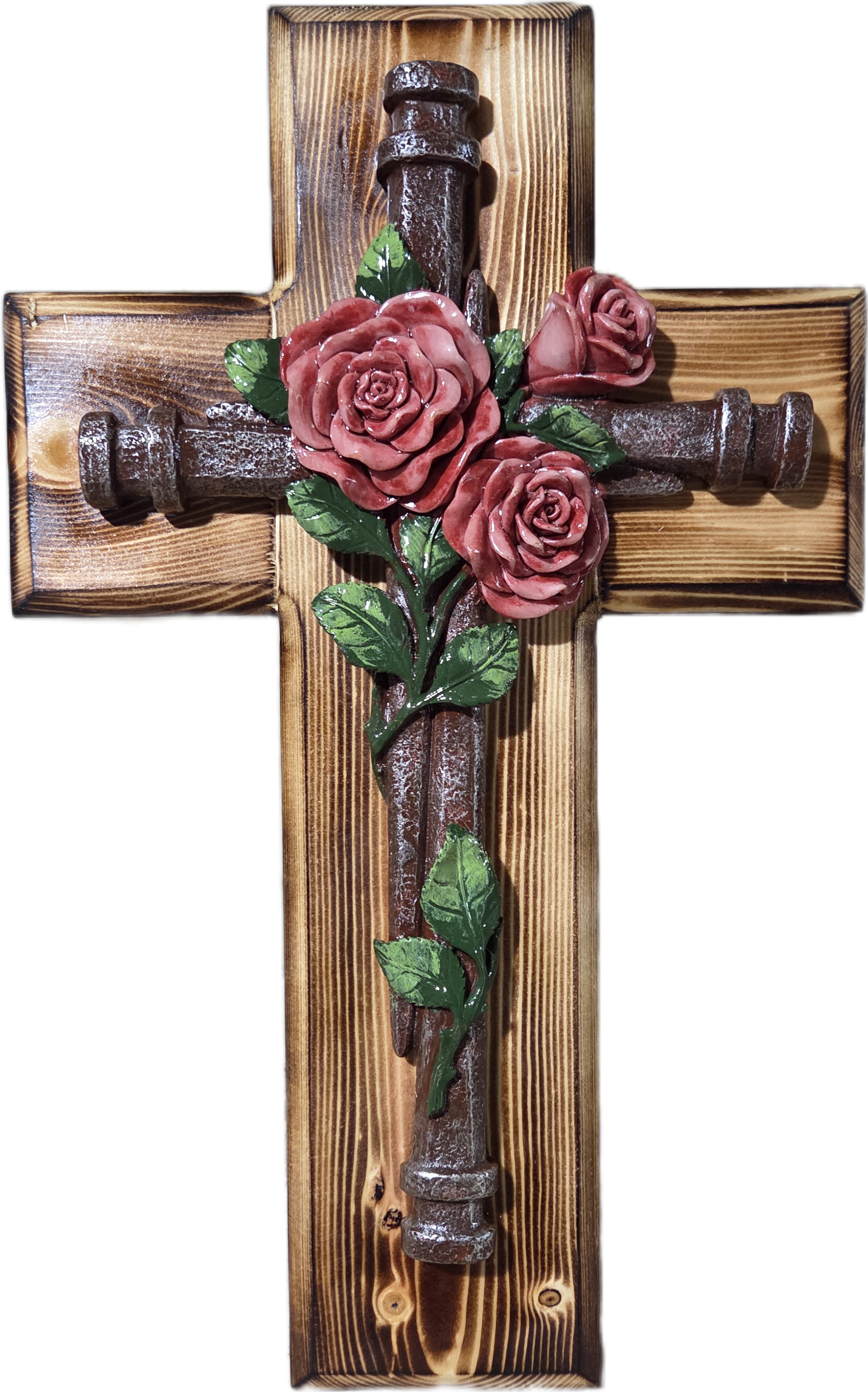 Handcrafted Pine Wood Cross with Rose Detail 15