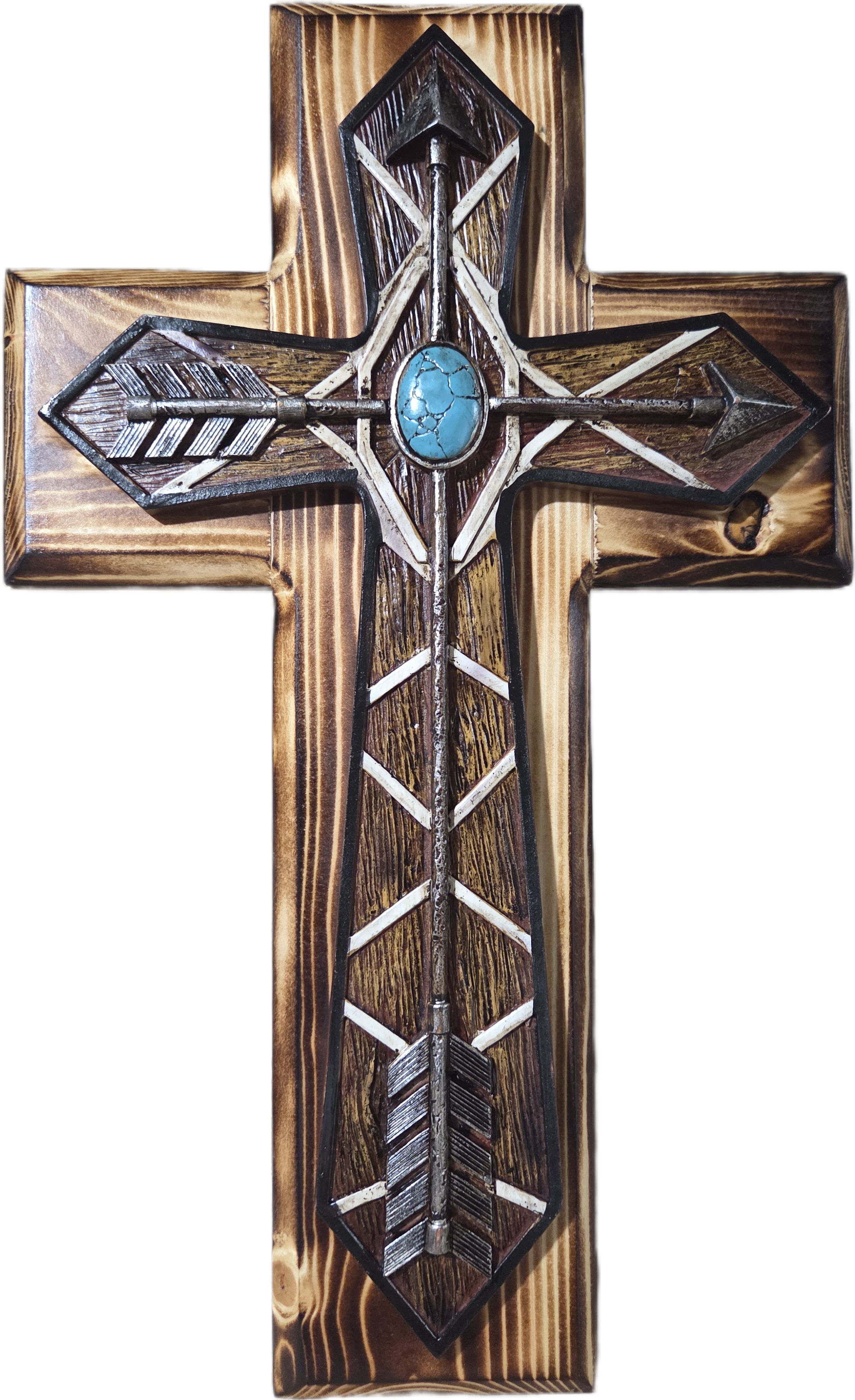 Turquoise Arrow Rustic Pine Wood Cross 15