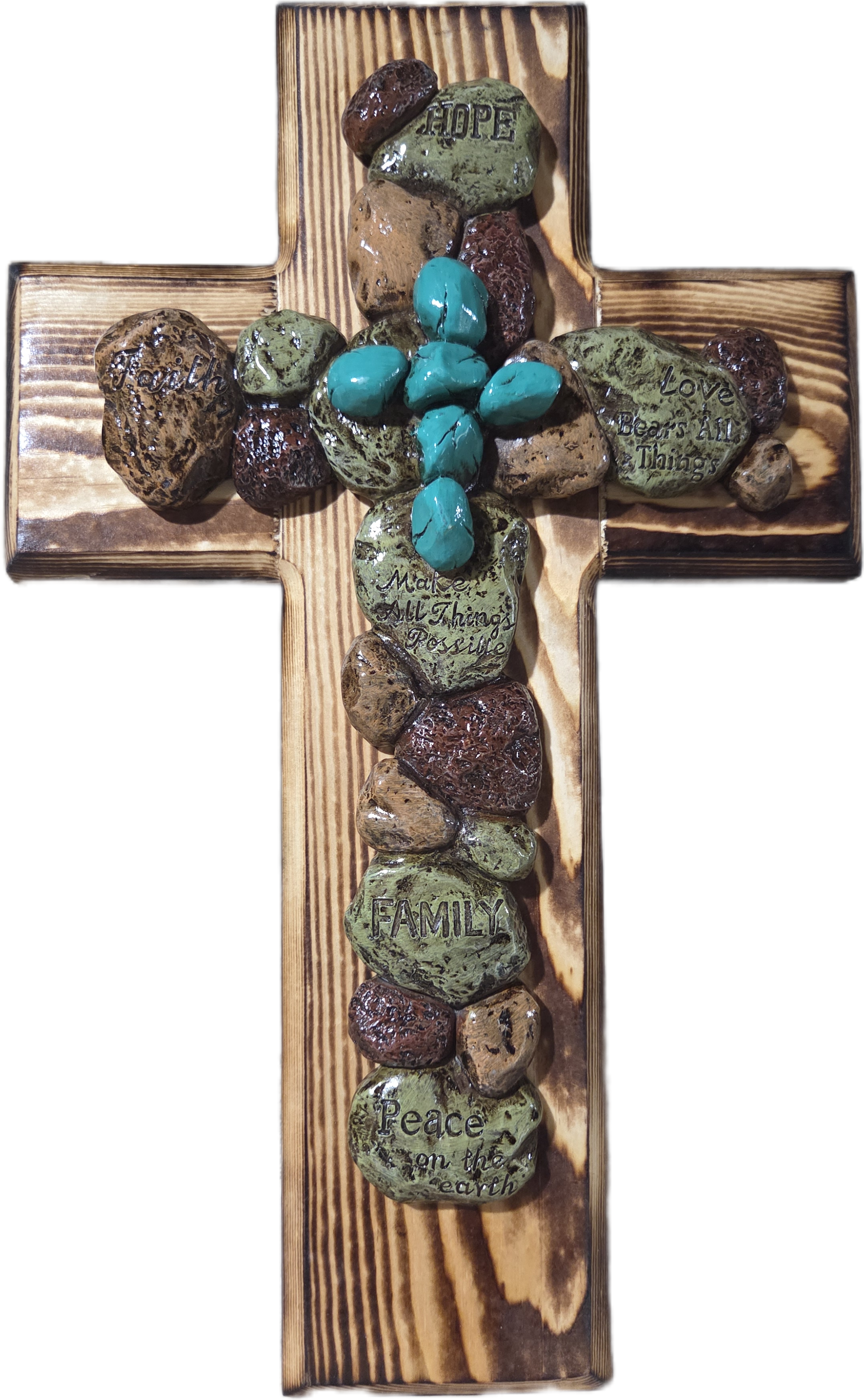 Handcrafted Inspirational Stone Wall Cross on Pine Wood 15"x10.25"